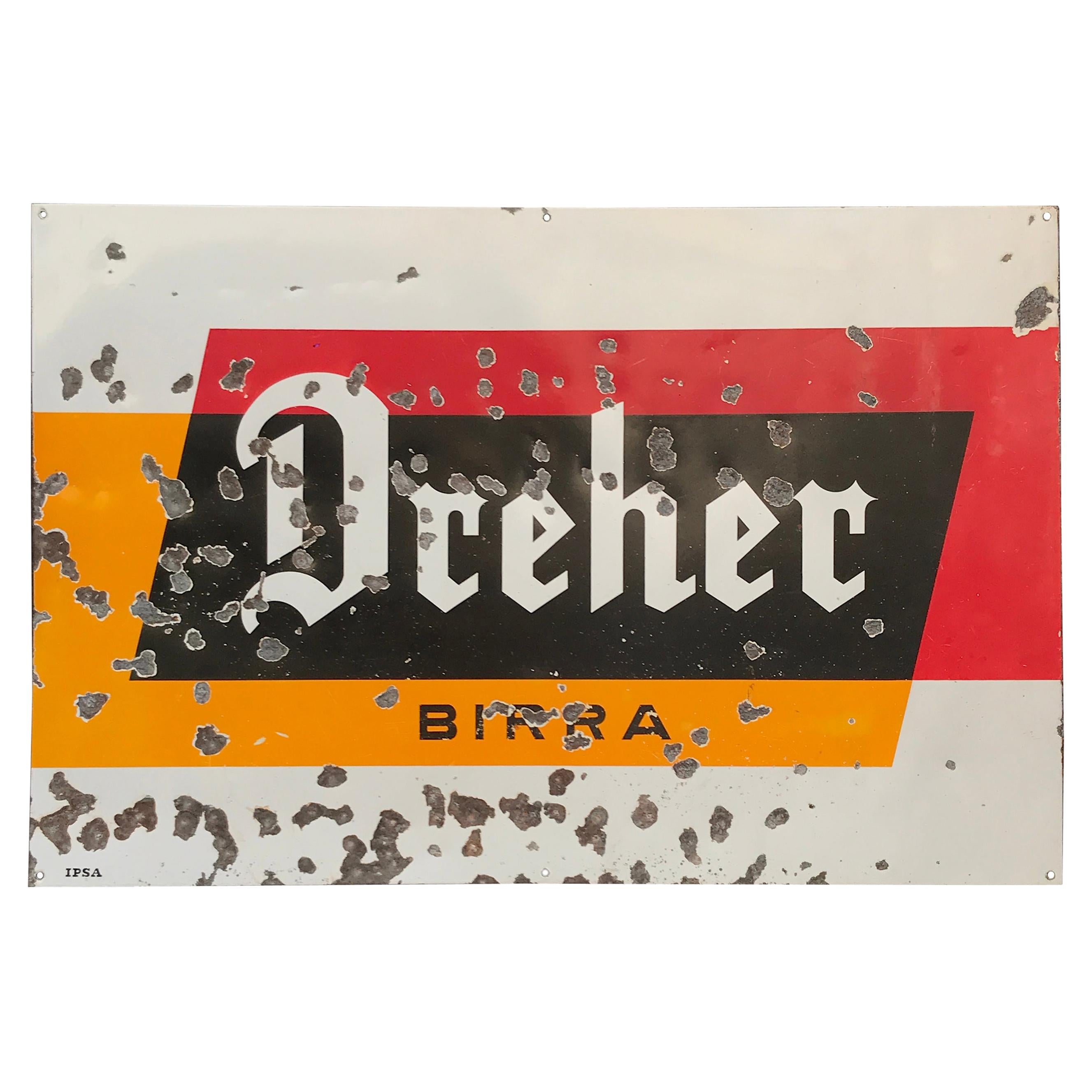 1950s Italian Vintage Metal Enamel Dreher Beer Advertising Sign For Sale