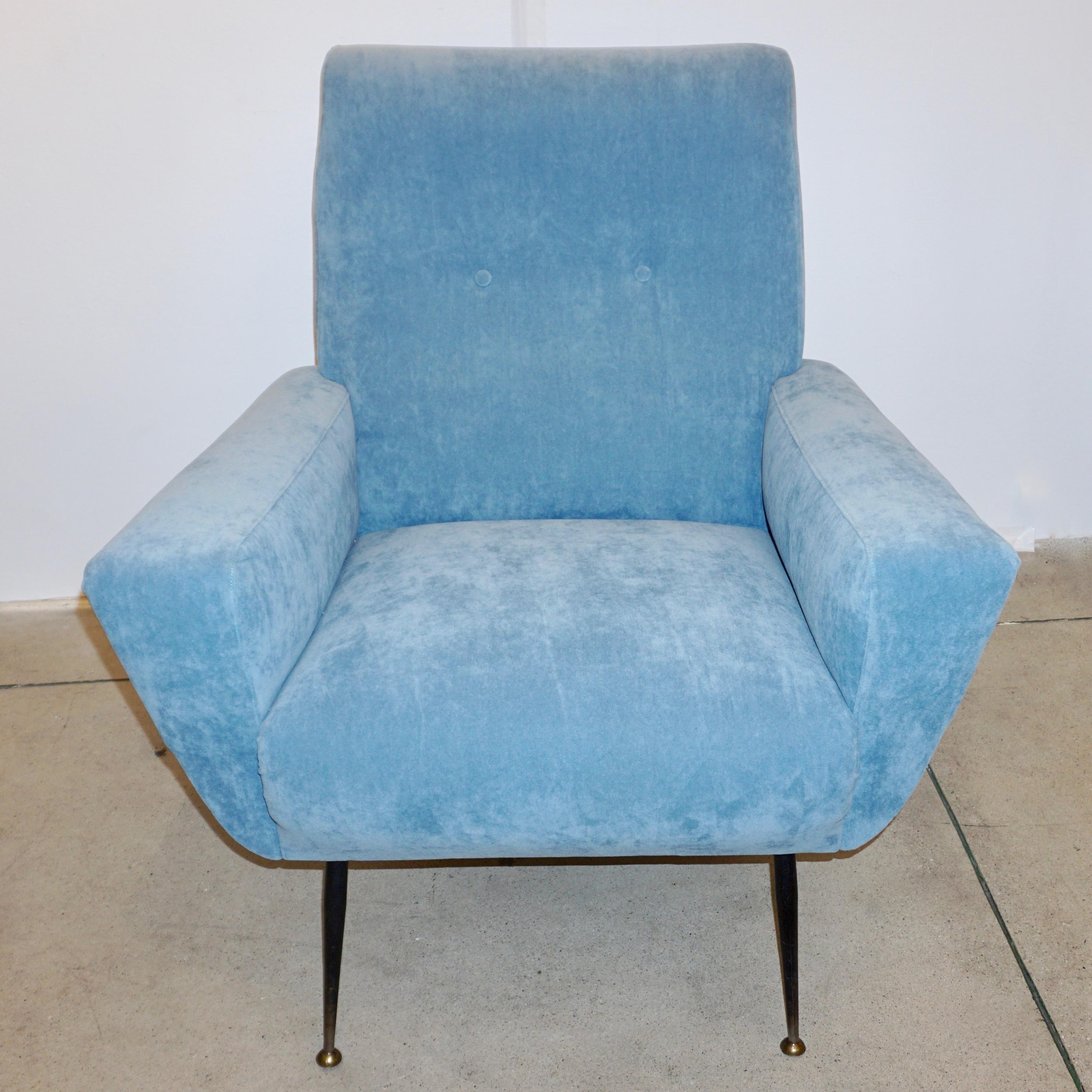 Hand-Crafted 1950s Italian Vintage Pair of Aquamarine Armchairs in Modern Zanuso Style