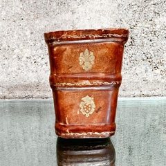 1950s Italian Vintage Patinated Leather Pencil Holder Decorative Gold Trim