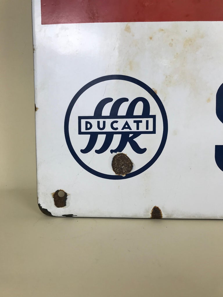 Mid-20th Century 1950s Italian Vintage Rectangular Metal Enamel Ducati Bikes Advertising Sign For Sale