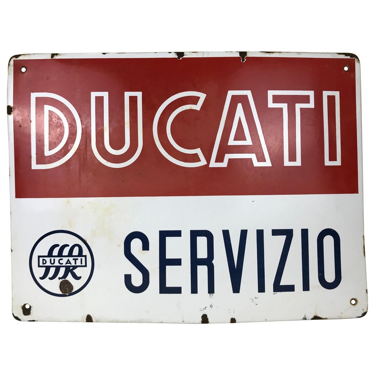 1950s Italian Vintage Rectangular Metal Enamel Ducati Bikes Advertising Sign For Sale