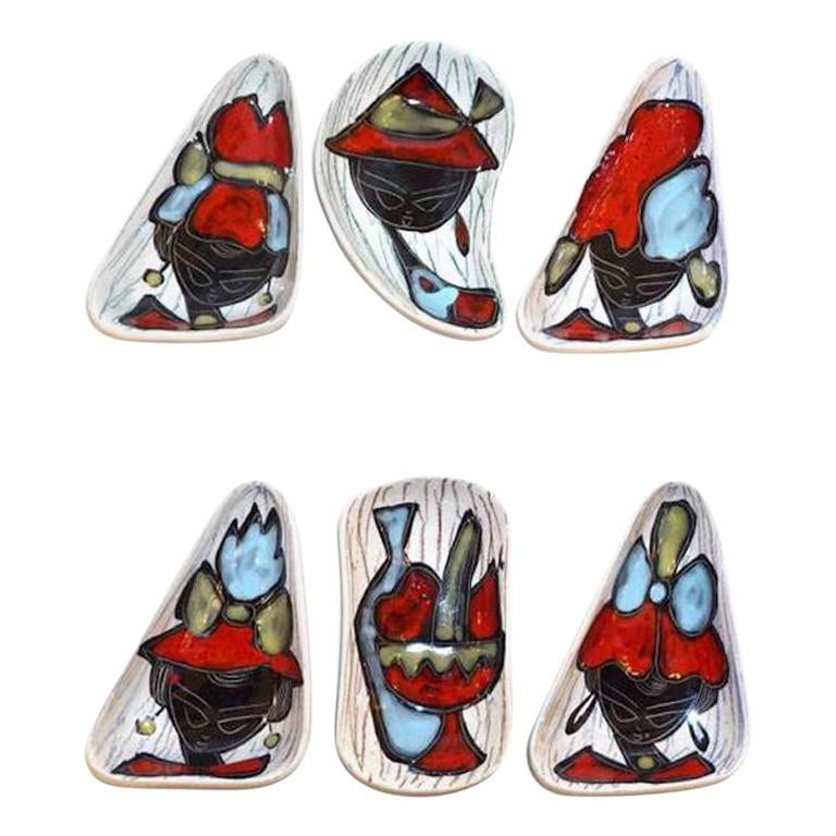 Plats à Trinket en porcelaine rouge clair, bleu clair, noir et blanc, années 1950 en vente