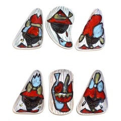 Plats à Trinket en porcelaine rouge clair, bleu clair, noir et blanc, années 1950