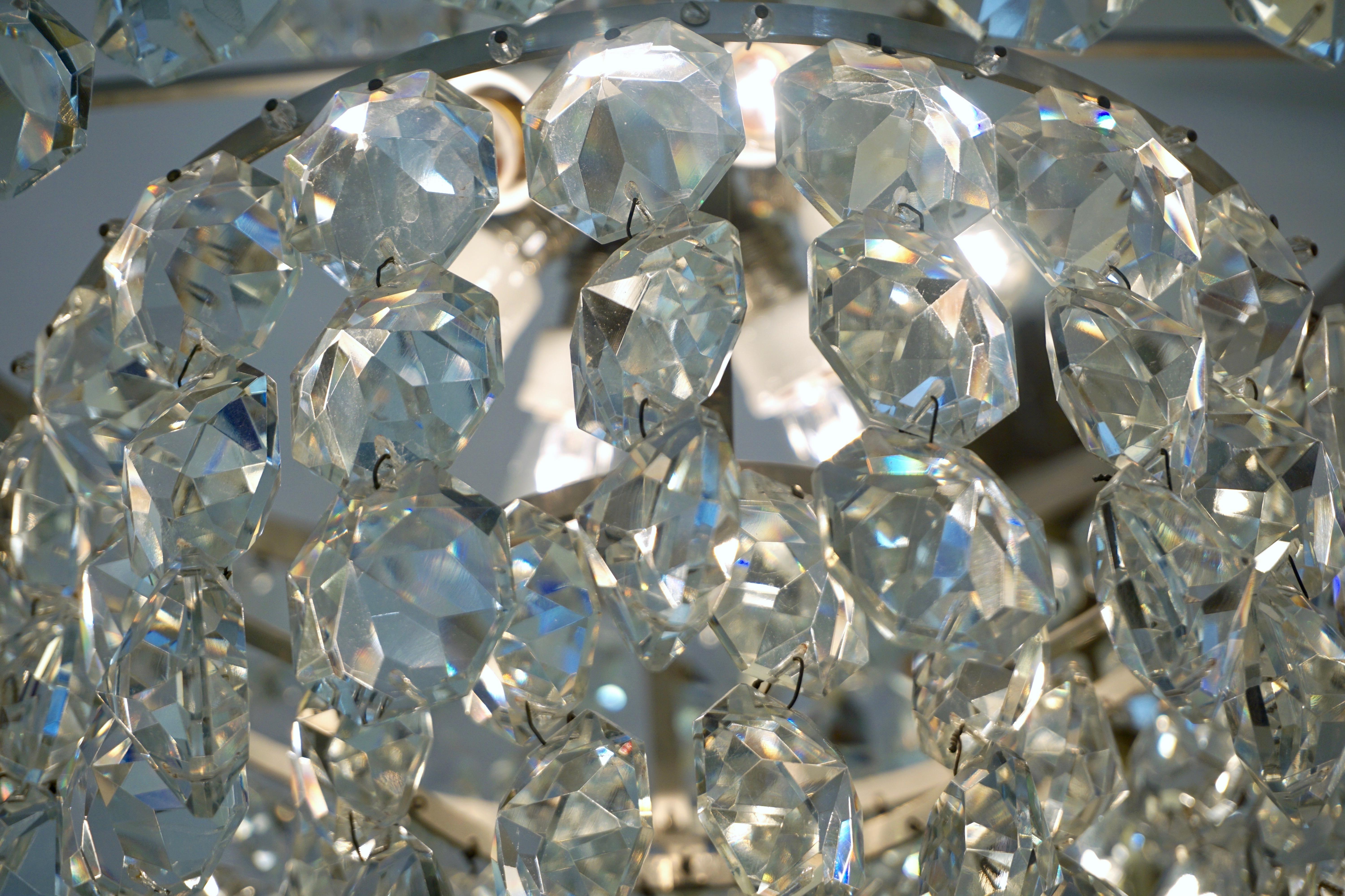 1950s Italian Vintage Satin Chrome and Clear Crystal Murano Glass Chandelier For Sale 3