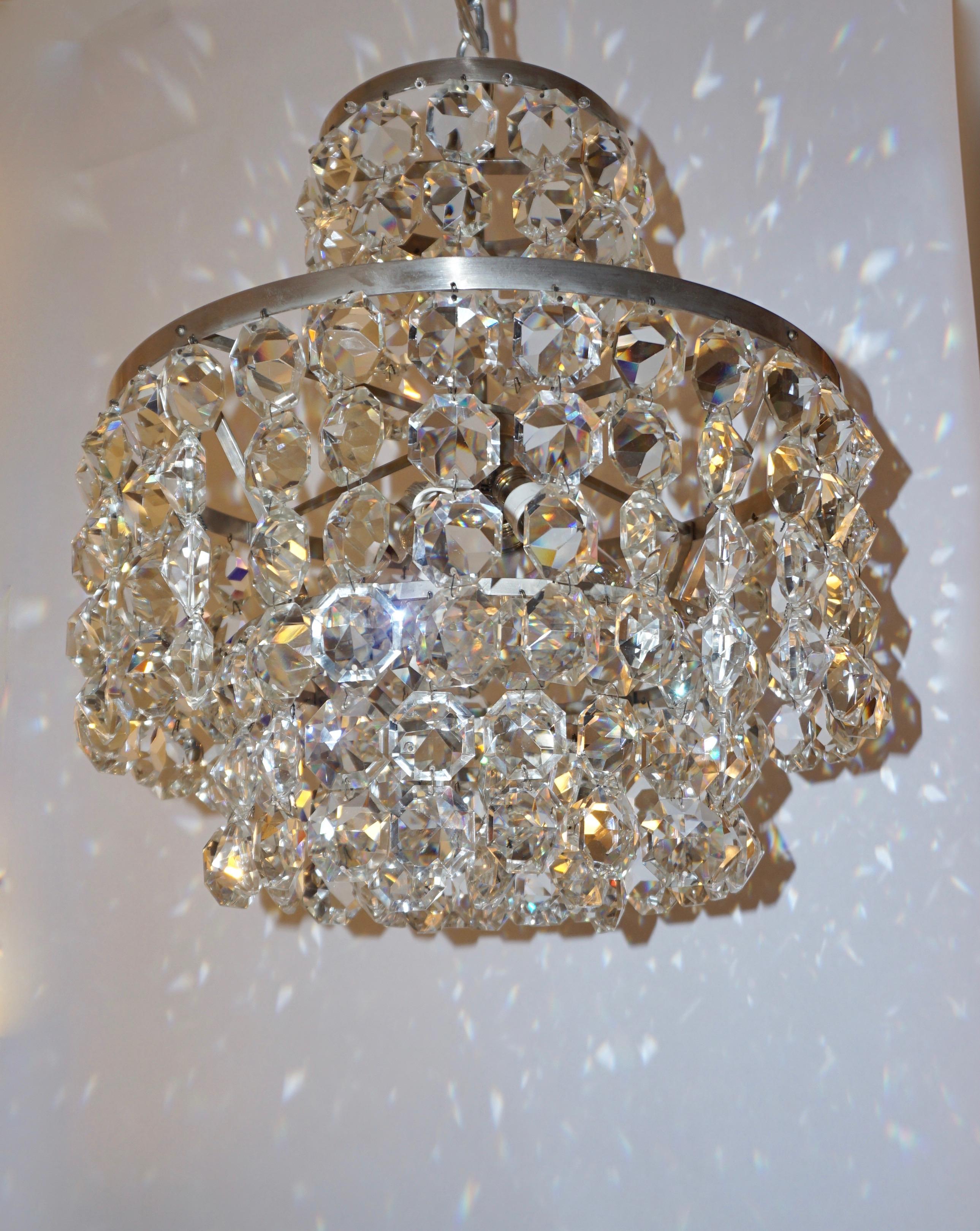 Hand-Crafted 1950s Italian Vintage Satin Chrome and Clear Crystal Murano Glass Chandelier For Sale