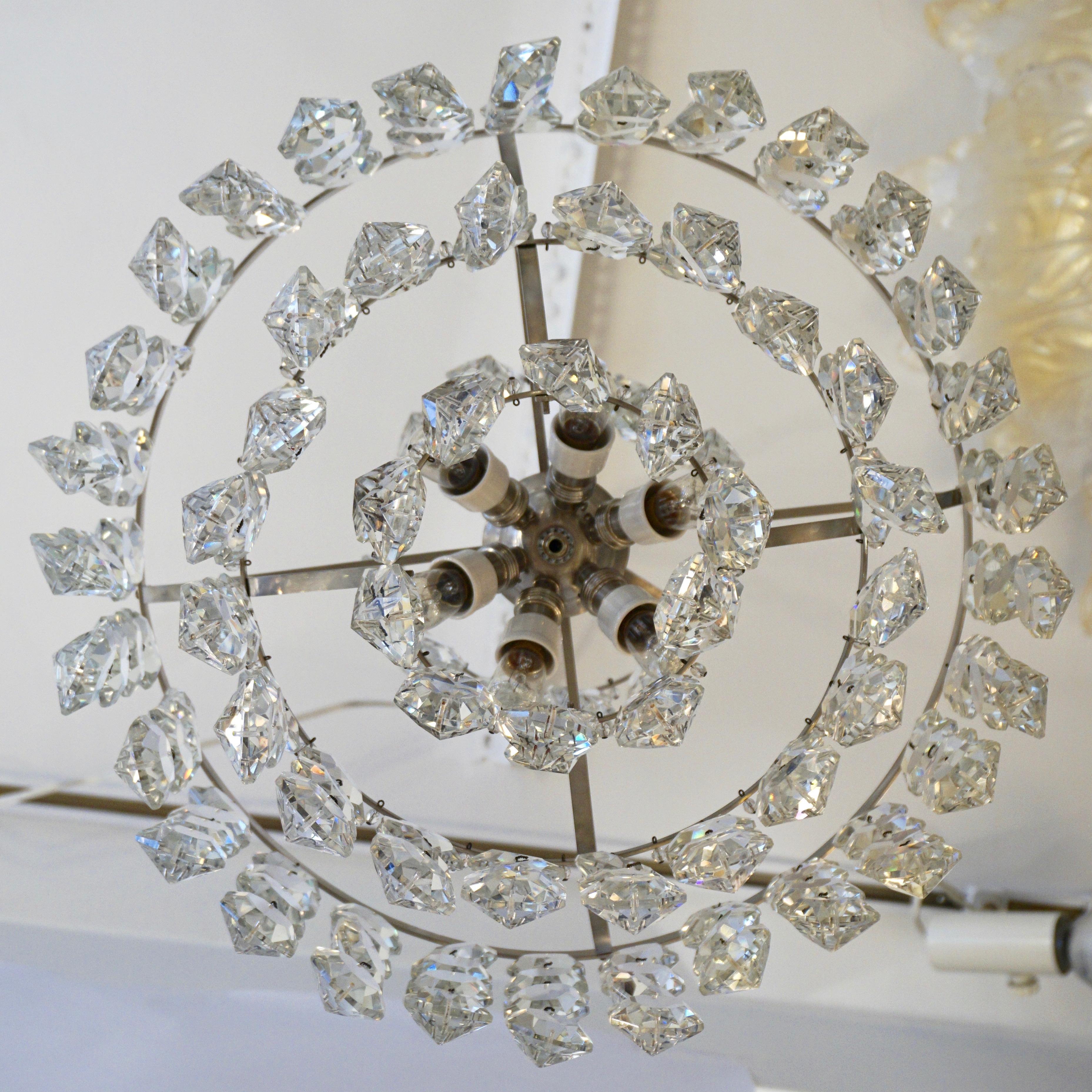 1950s Italian Vintage Satin Chrome and Clear Crystal Murano Glass Chandelier In Excellent Condition For Sale In New York, NY