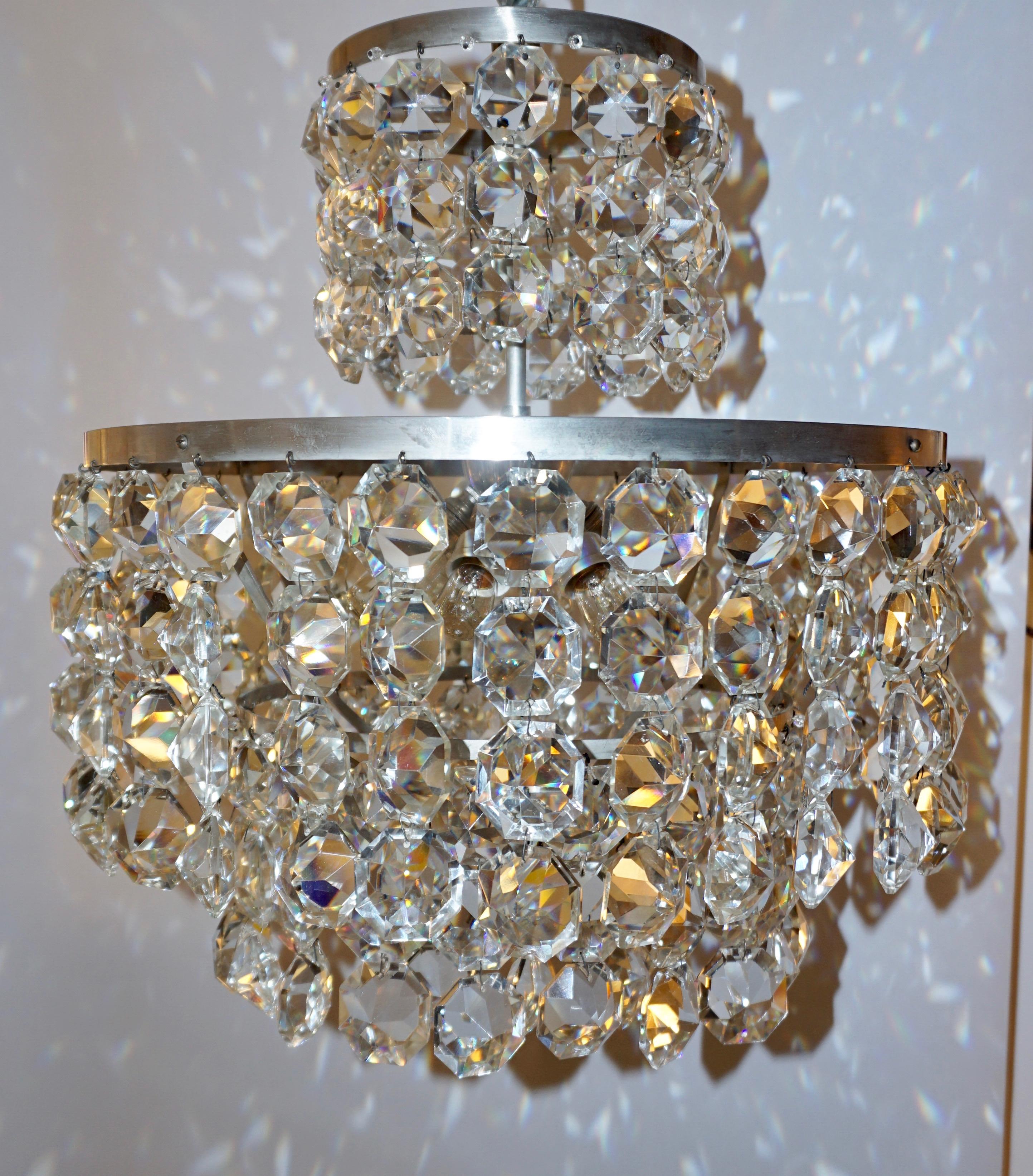 Ceramic 1950s Italian Vintage Satin Chrome and Clear Crystal Murano Glass Chandelier For Sale