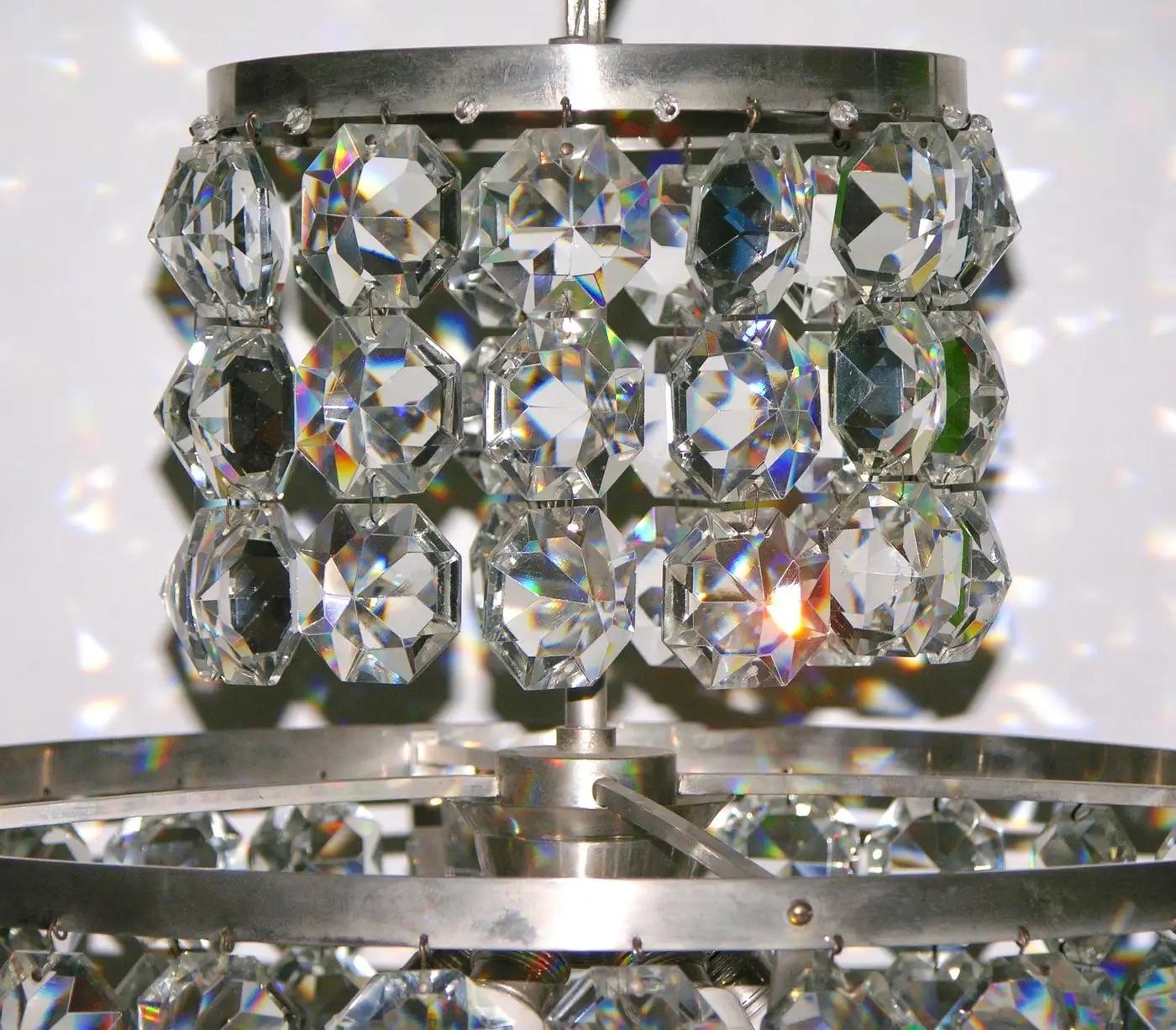 Céramique Lustre Vintage Italian Glass en chrome satiné et cristal clair de Murano des années 1950 en vente