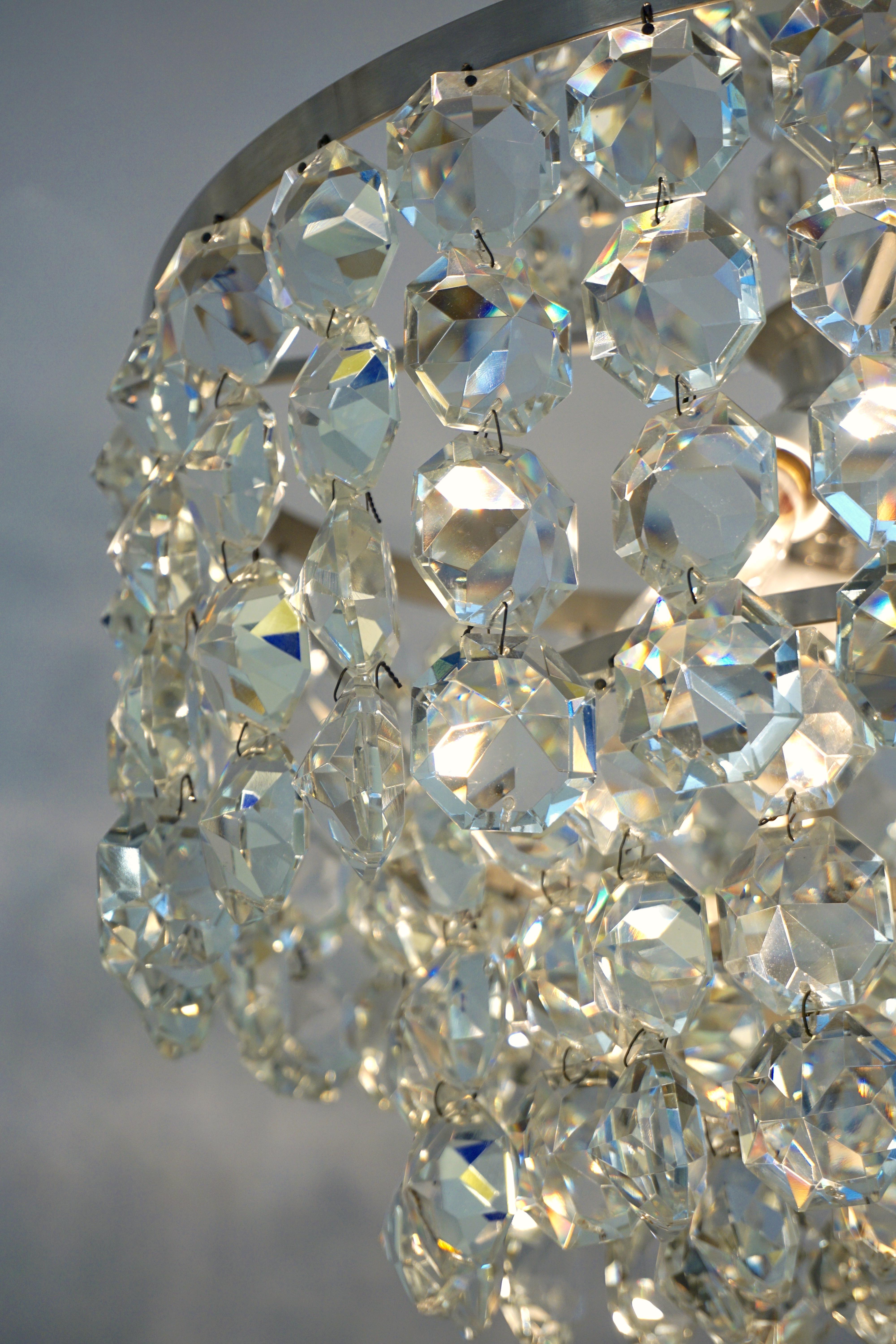 1950s Italian Vintage Satin Chrome and Clear Crystal Murano Glass Chandelier For Sale 2