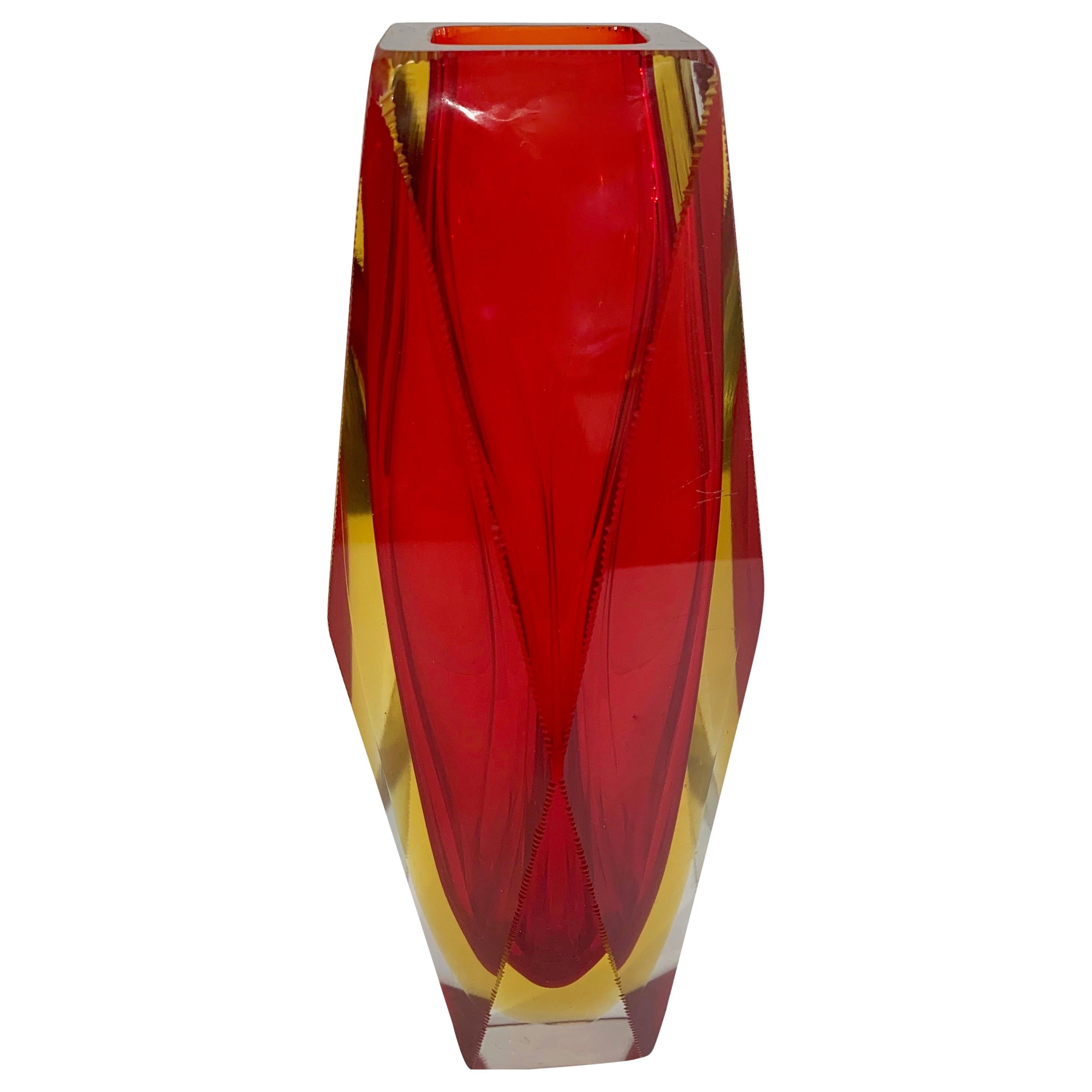1950s Italian Vintage Seguso Yellow Red Crystal Murano Glass Multi Faceted Vase