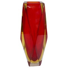 1950s Italian Vintage Seguso Yellow Red Crystal Murano Glass Multi Faceted Vase