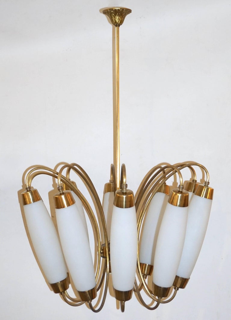 1950s Italian Vintage Stilnovo Style White Glass Ten-Light Brass