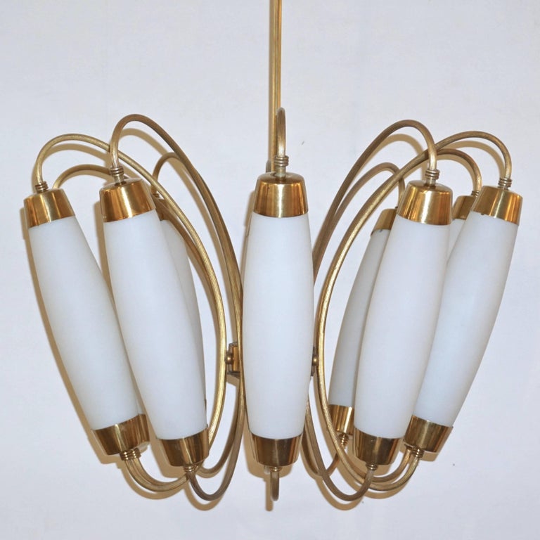 1950s Italian Vintage Stilnovo Style White Glass Ten-Light Brass