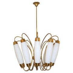 1950s Italian Vintage Stilnovo Style White Glass Ten-Light Brass Chandelier