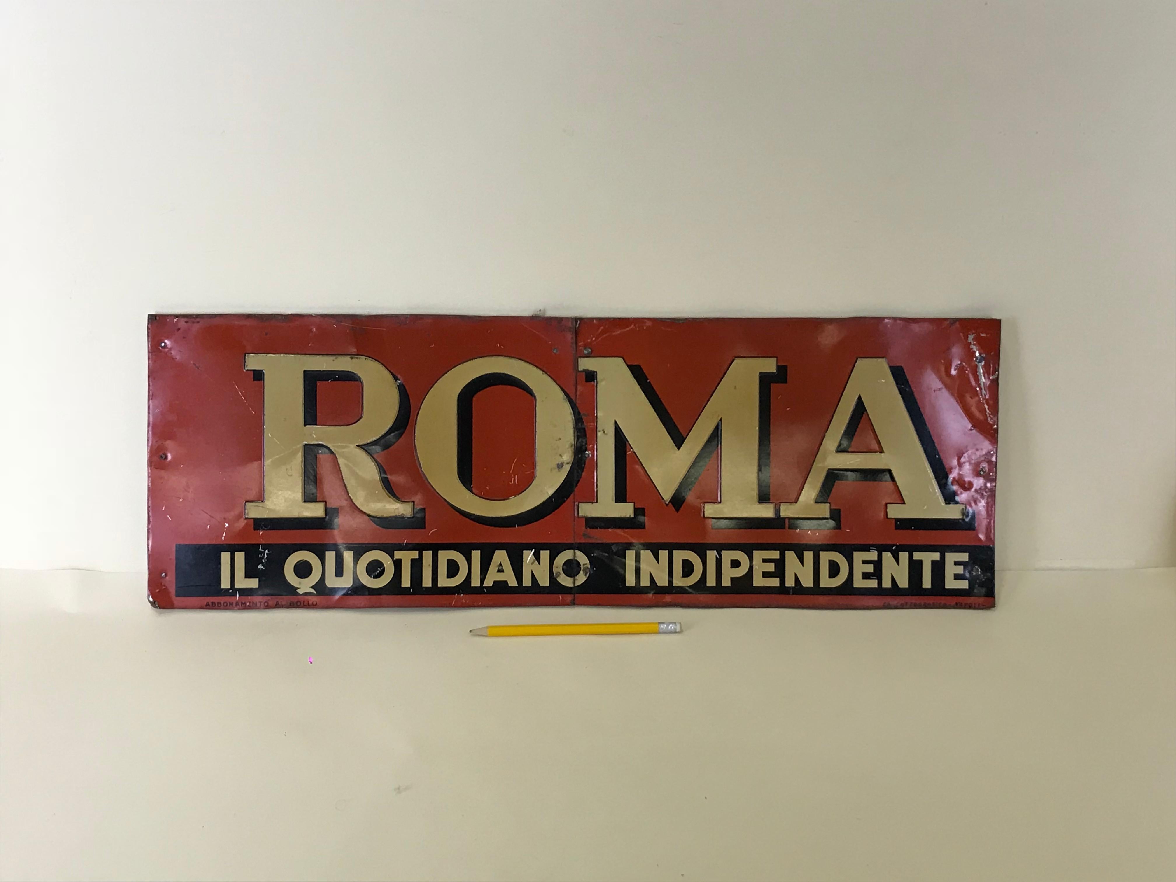 Mid-Century Modern 1950s Italian Vintage Transferpinted Red and Cream Roma Newspaper Sign