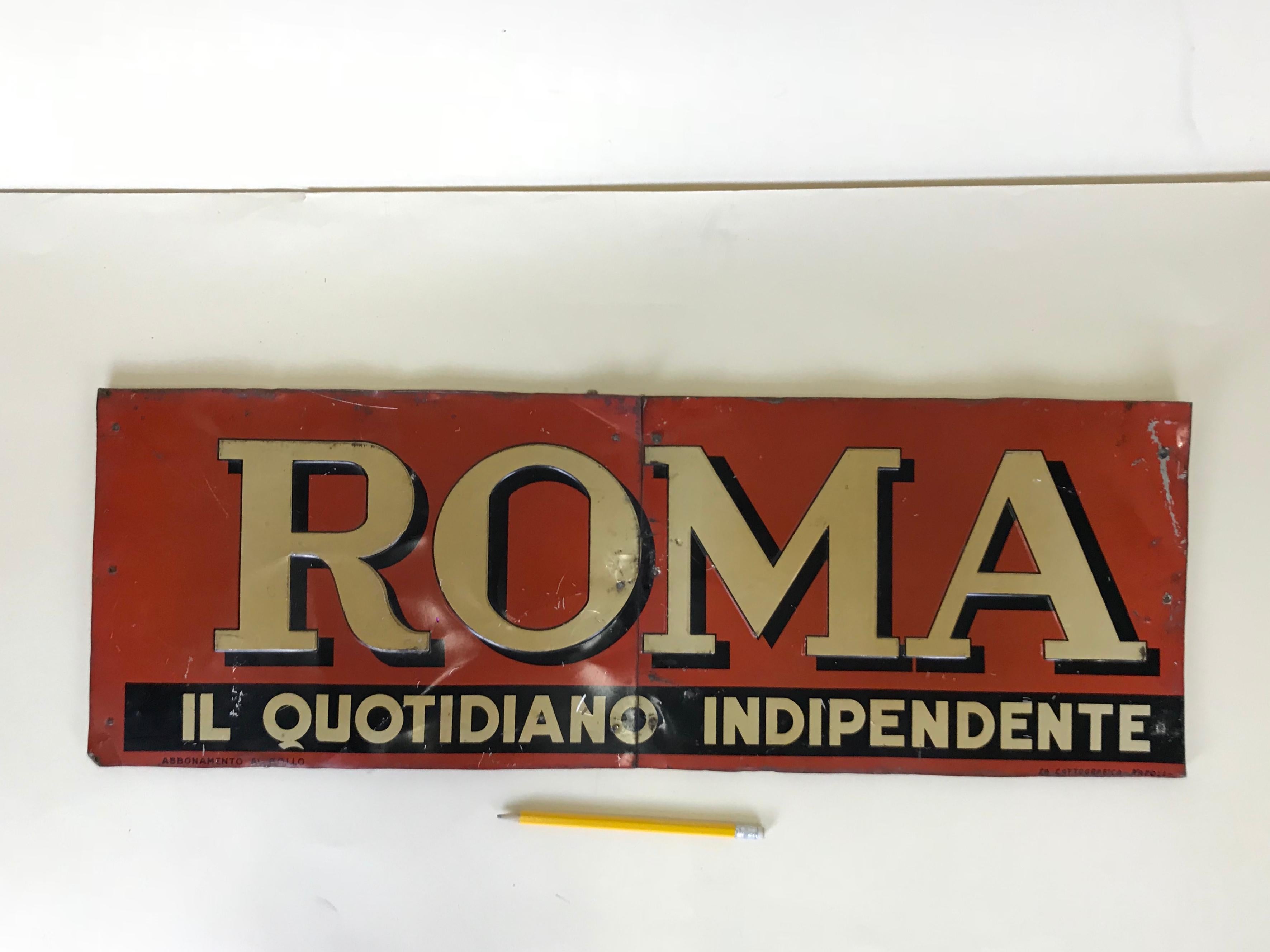 Mid-20th Century 1950s Italian Vintage Transferpinted Red and Cream Roma Newspaper Sign