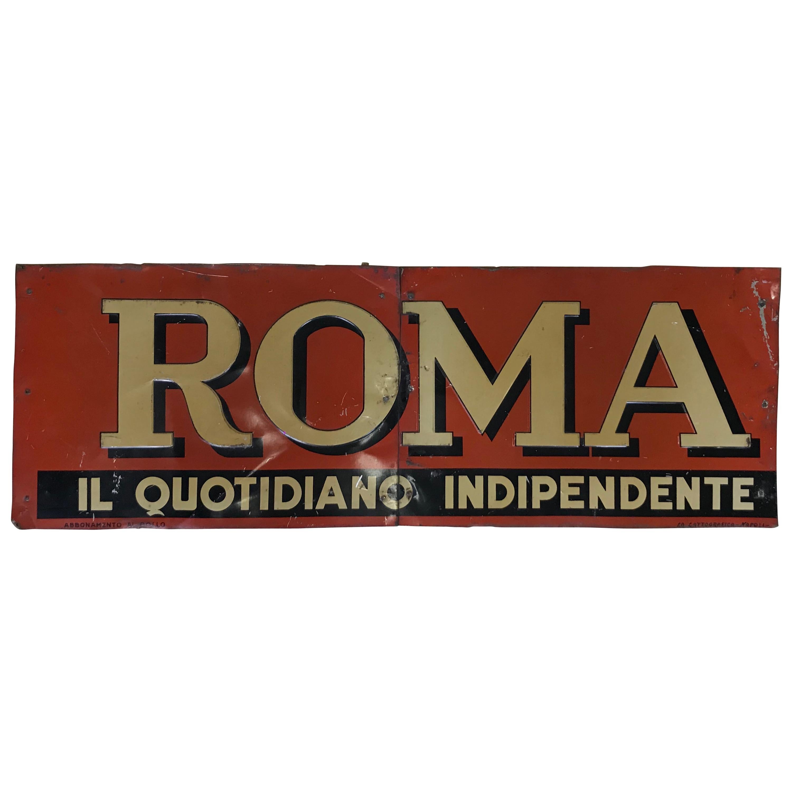 1950s Italian Vintage Transferpinted Red and Cream Roma Newspaper Sign