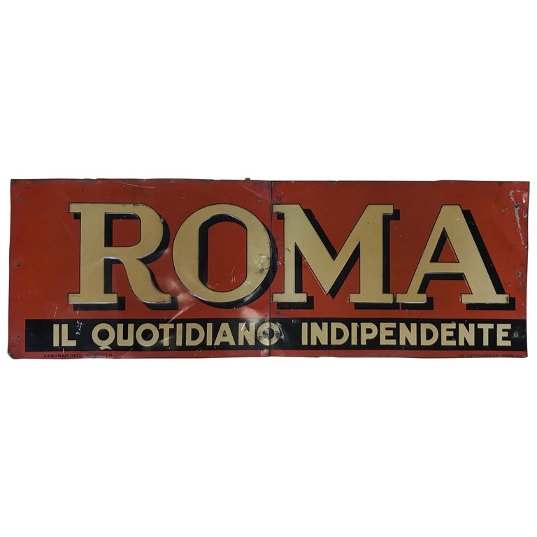 1950s Italian Vintage Transferpinted Red and Cream Roma Newspaper Sign ...