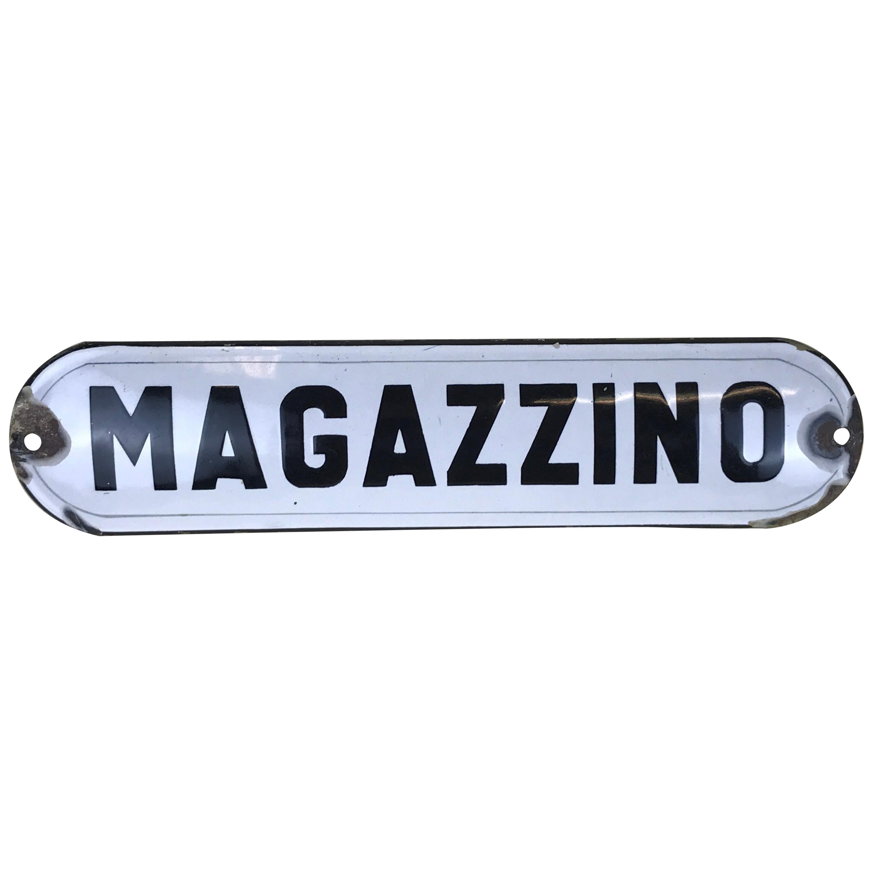 1950s Italian Vintage White Enamel Metal Storage Sign, "Magazzino" For Sale