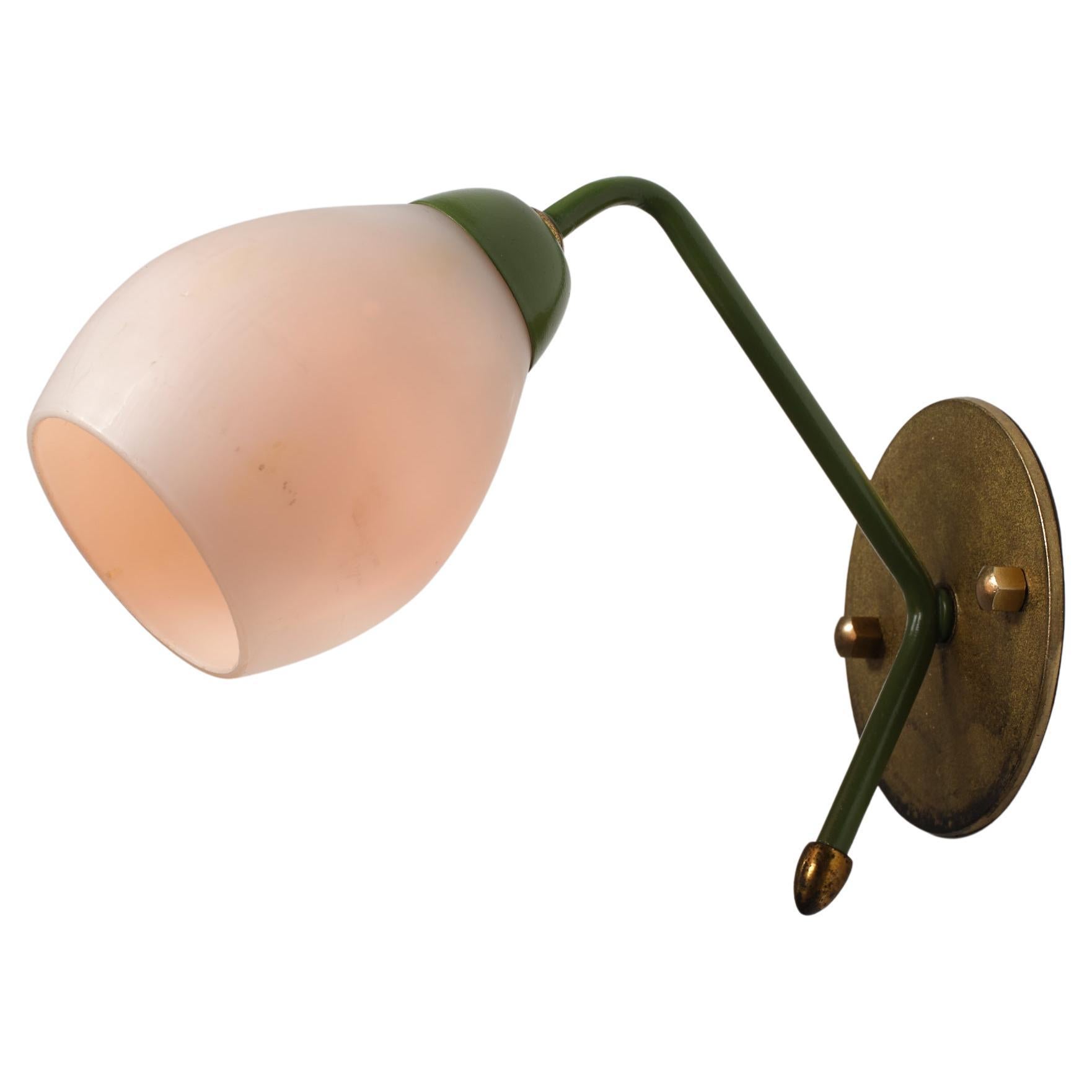 1950s Italian Wall Lamp in Brass, Green Lacquered Metal and Opaline Glass