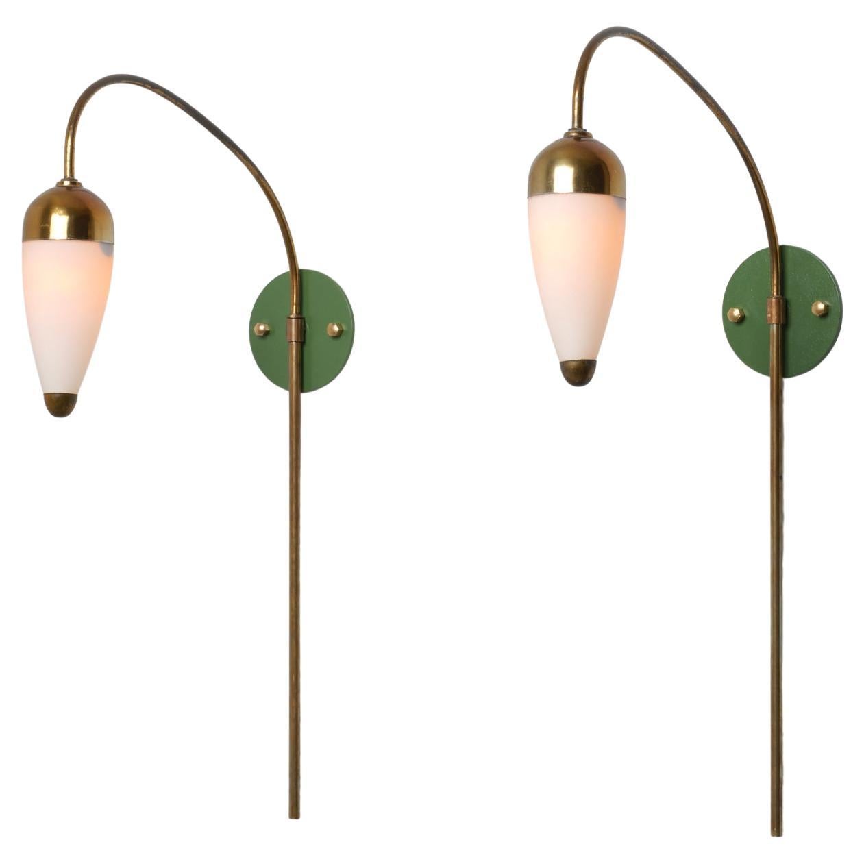 1950s Italian Wall Sconces in Brass, Green Lacquered Brass and Opaline Glass