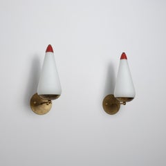 1950s Italian Wall Sconces in Brass, Opaline Glass and Red Lacquered Metal