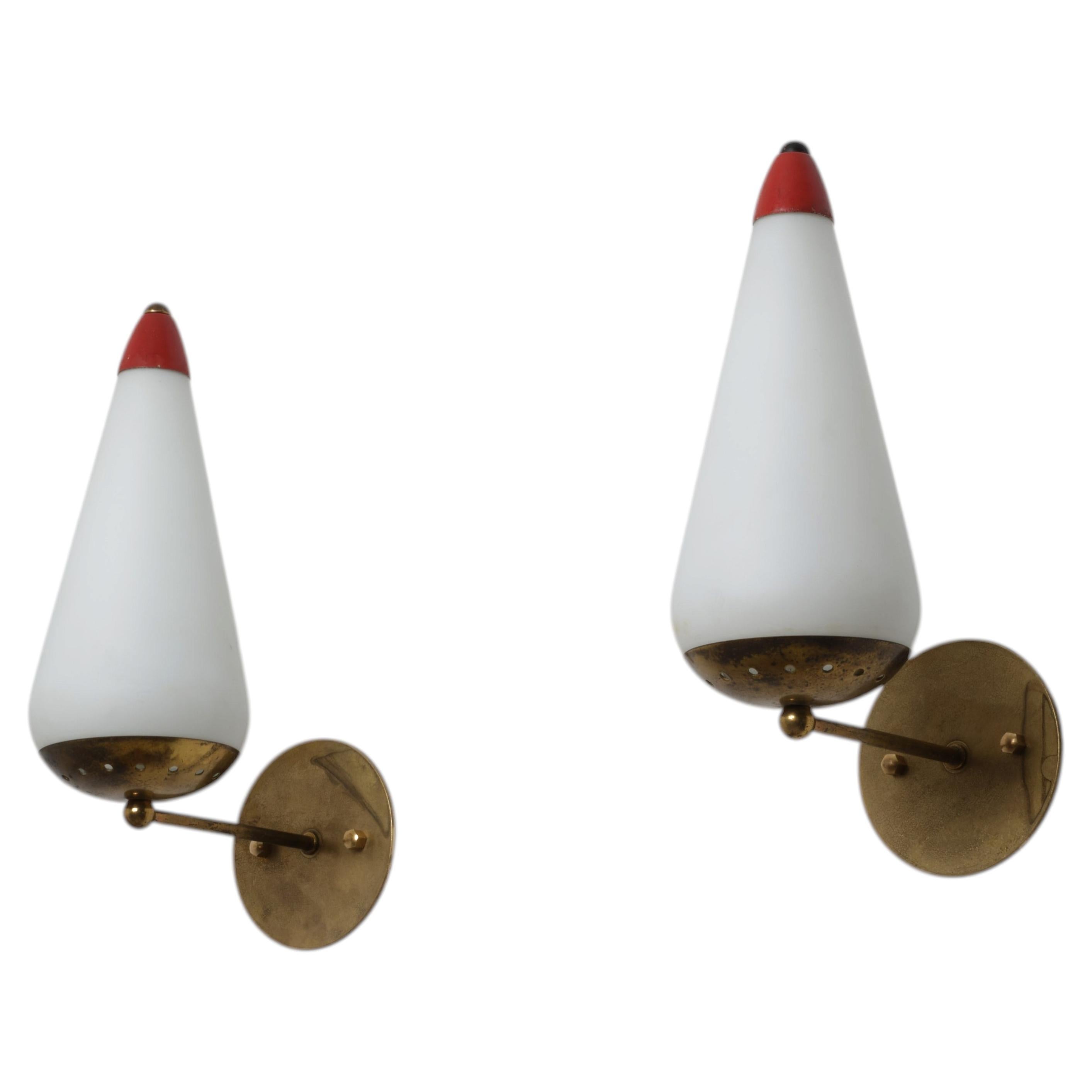 1950s Italian Wall Sconces in Brass, Opaline Glass and Red Lacquered Metal