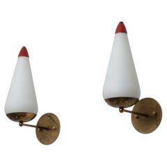 1950s Italian Wall Sconces in Brass, Opaline Glass and Red Lacquered Metal