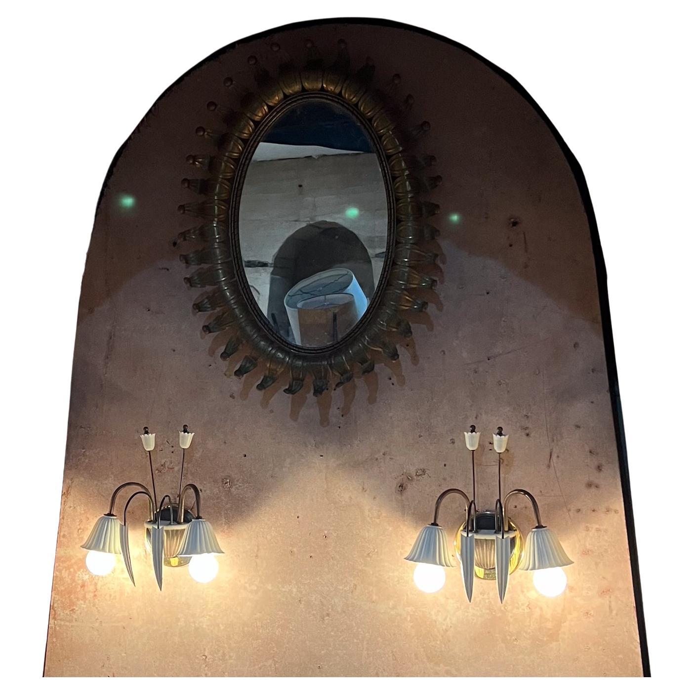AMBIANIC presents
1950s Italian Flower Wall Sconces
Made in Italy.
Unmarked.
In the Style of Gio Ponti
Aluminum shades off white. Brass with vintage patina.
Each sconce requires two E-14 bulbs, 25 to 40 watts.
Bulbs not included
10.75 h x 10.5 w x