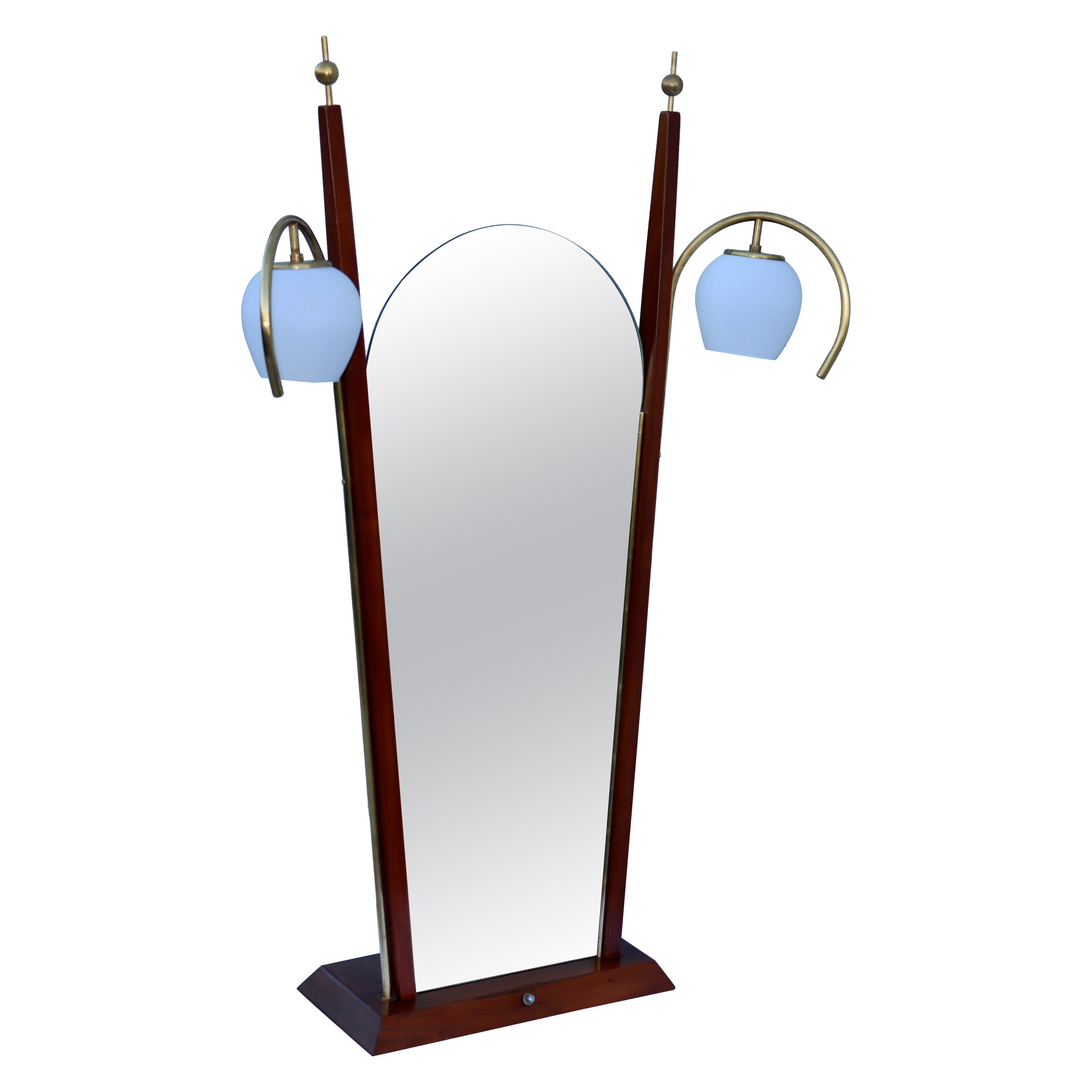 1950s Italian Walnut and Brass Vanity Mirror with Lights For Sale