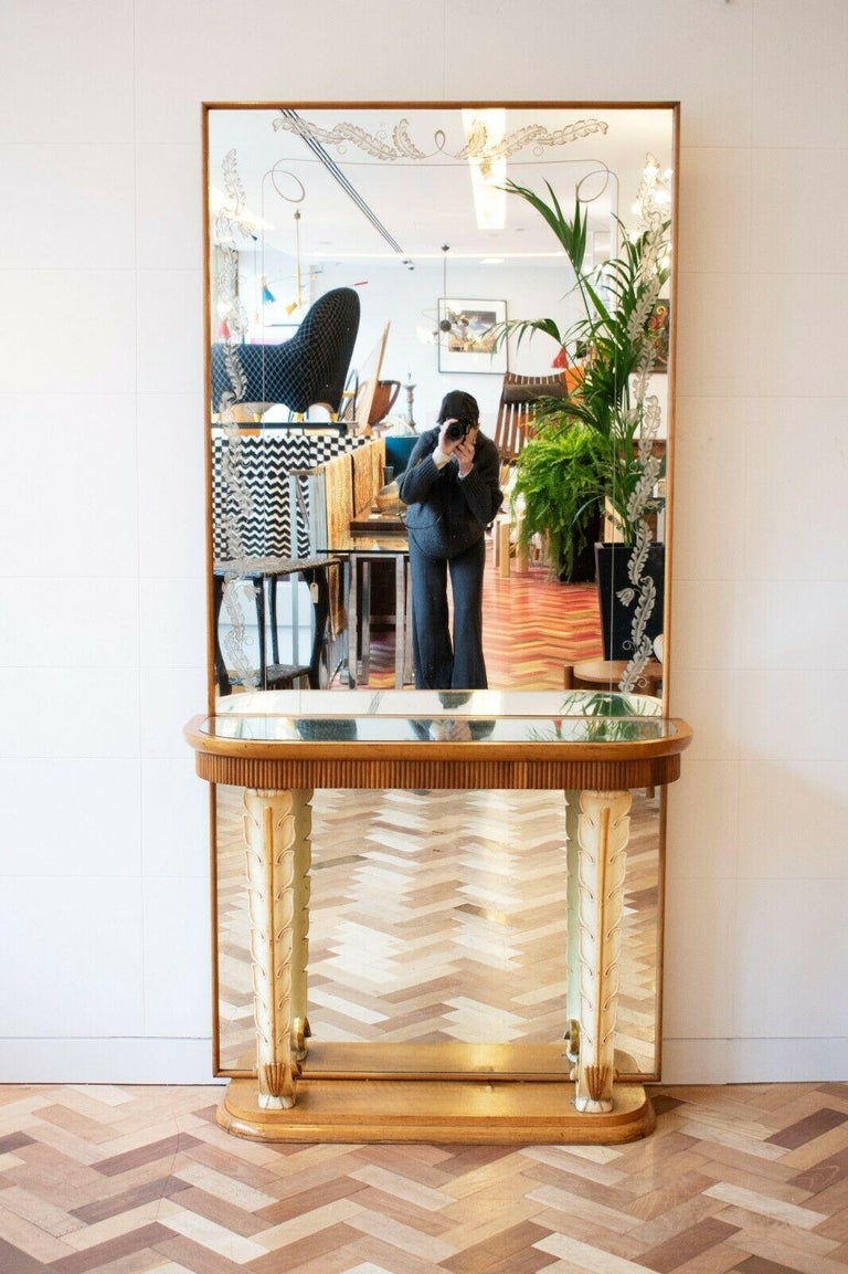 Italian Walnut Mirror Hall Stand, Original Glass, Art Deco Style, 1950