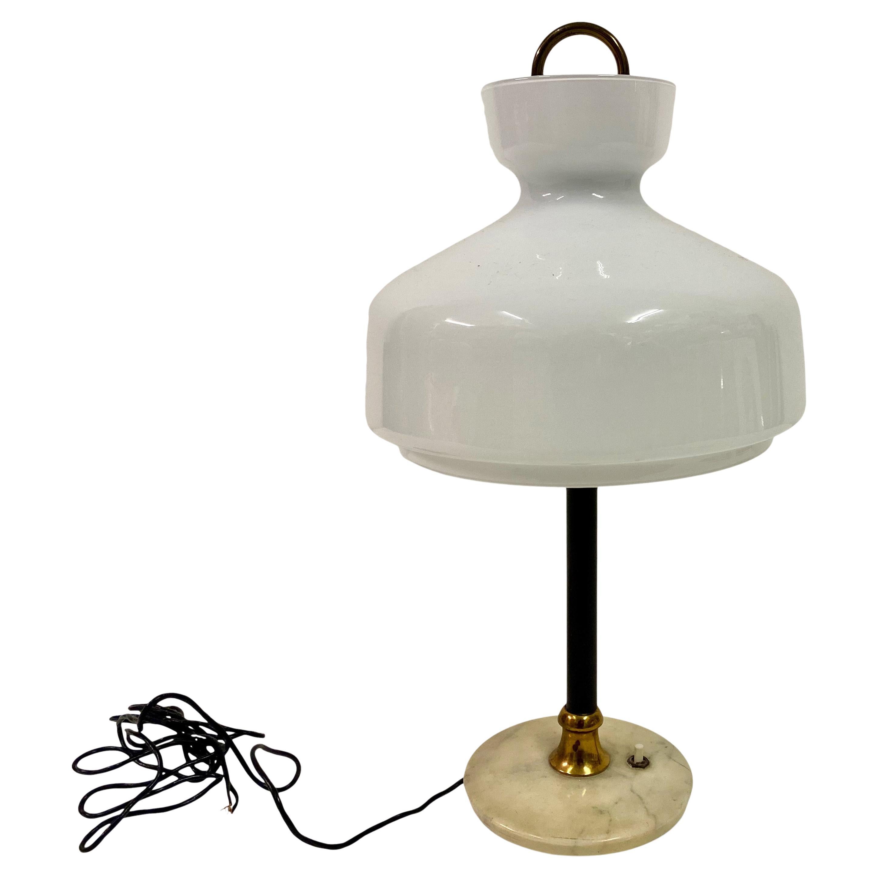 1950s, Italian White Glass and Brass Table Lamp