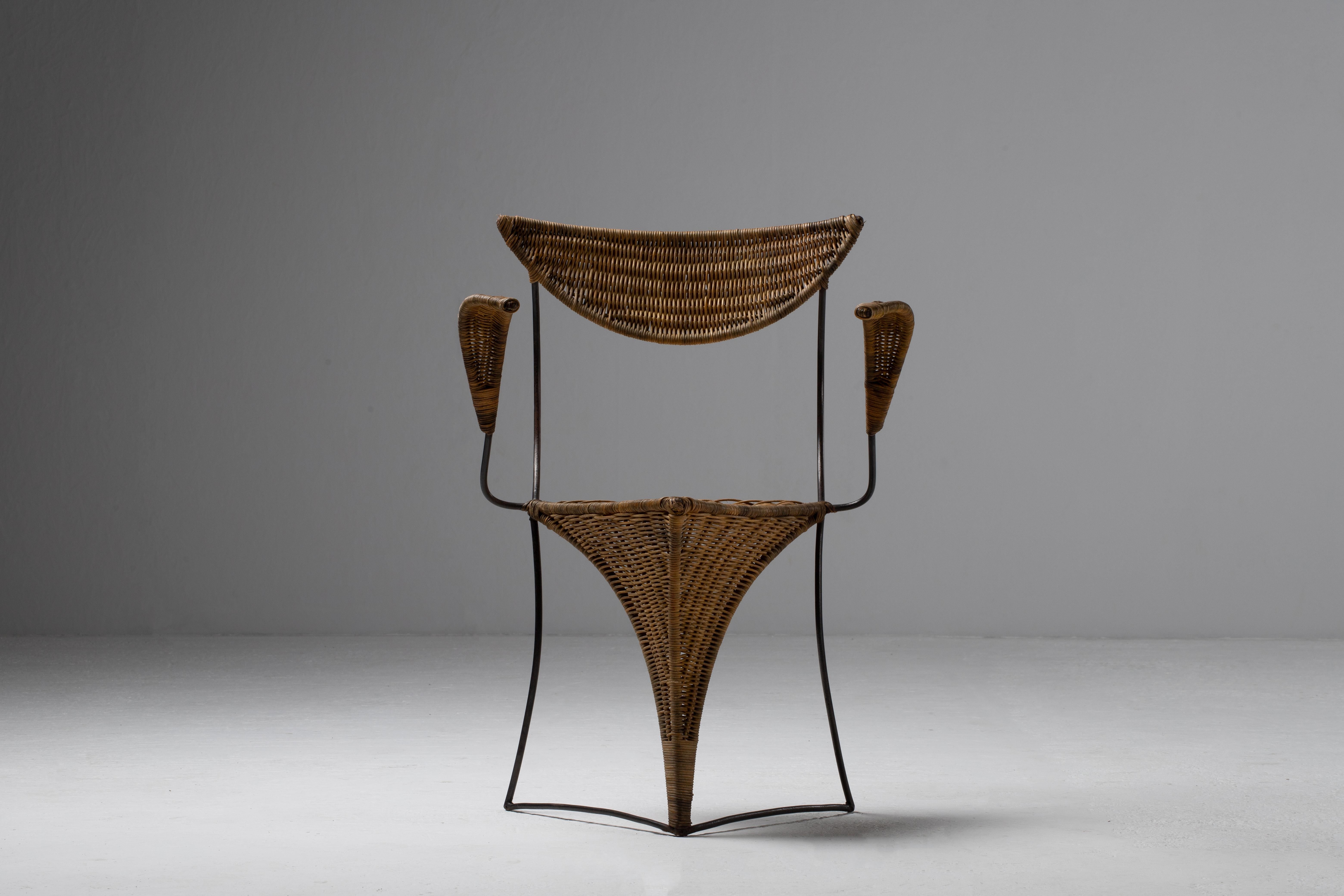 1950s Italian Wicker and Iron Armchair – Mid-Century Sculptural Design For Sale 11