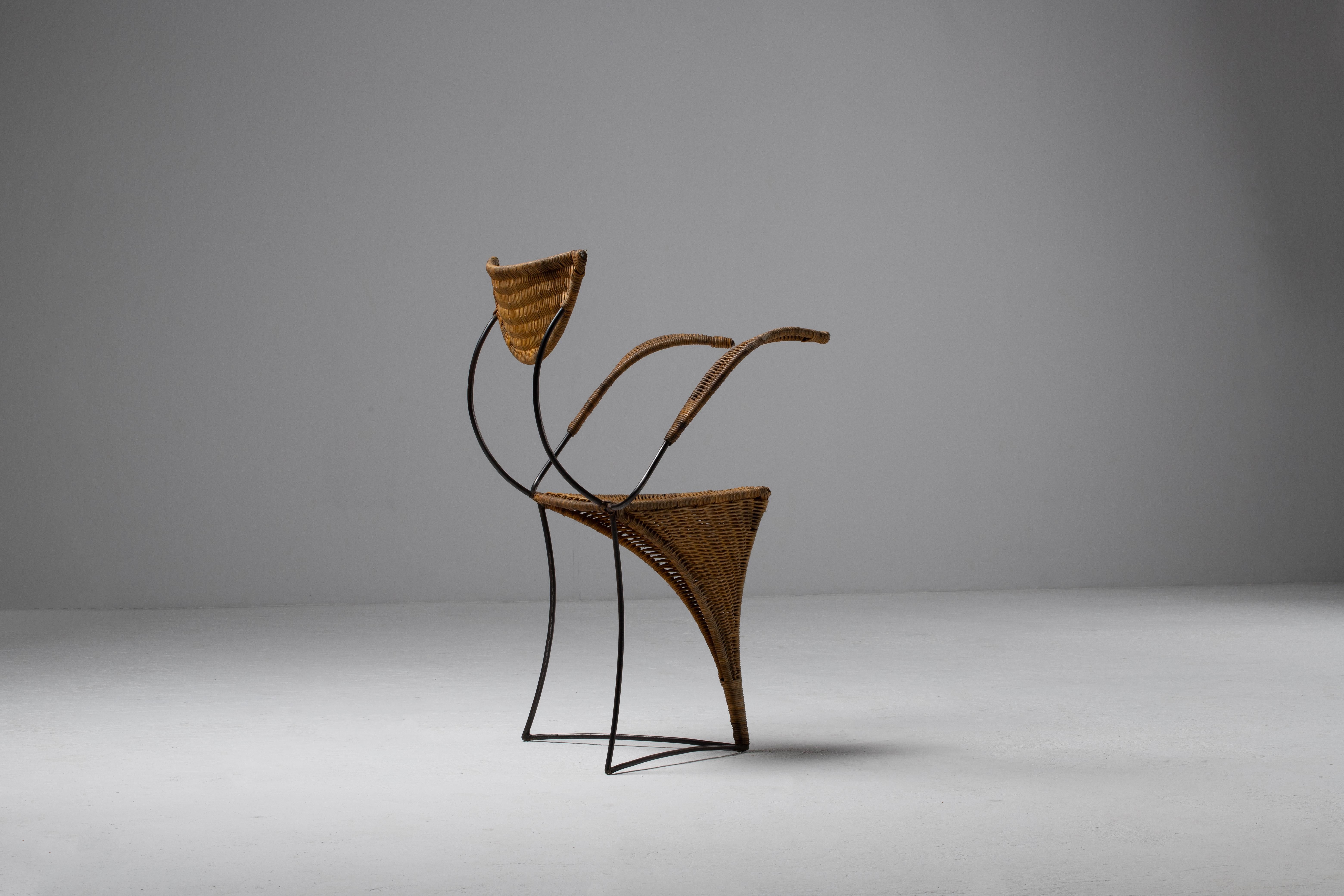 1950s Italian Wicker and Iron Armchair – Mid-Century Sculptural Design For Sale 1