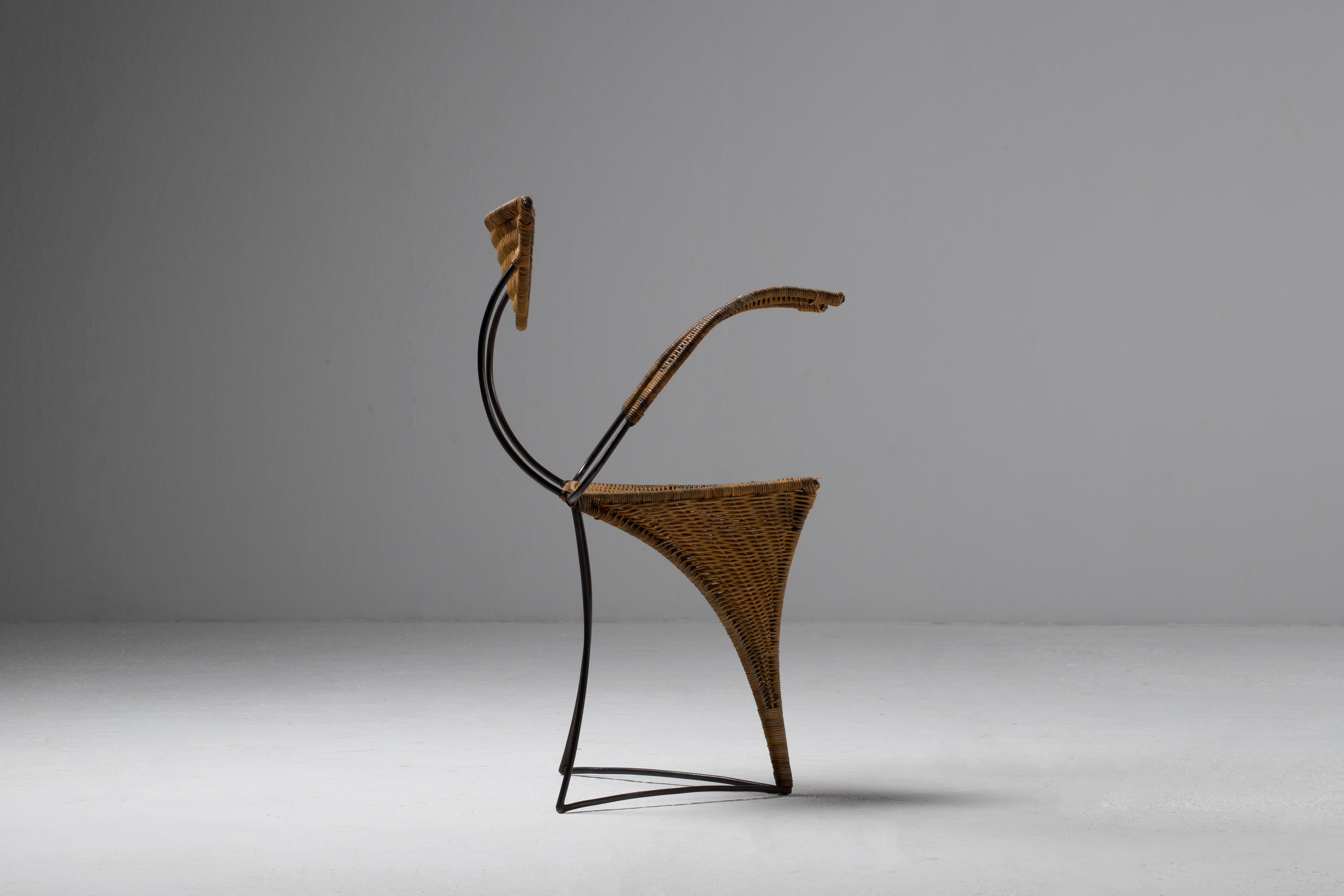 1950s Italian Wicker and Iron Armchair – Mid-Century Sculptural Design For Sale 2