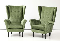 1950's Italian Wing-Back Lounge Chairs in Velvet Fabric