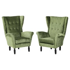 Retro 1950's Italian Wing-Back Lounge Chairs in Velvet Fabric