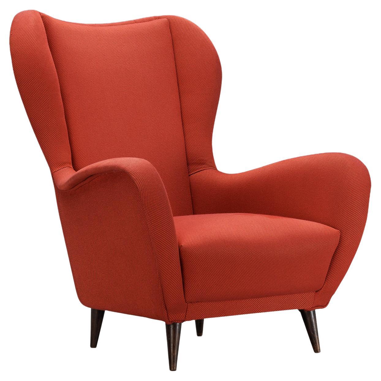 1950s Italian Wingback Chair in Red Upholstery and Wood