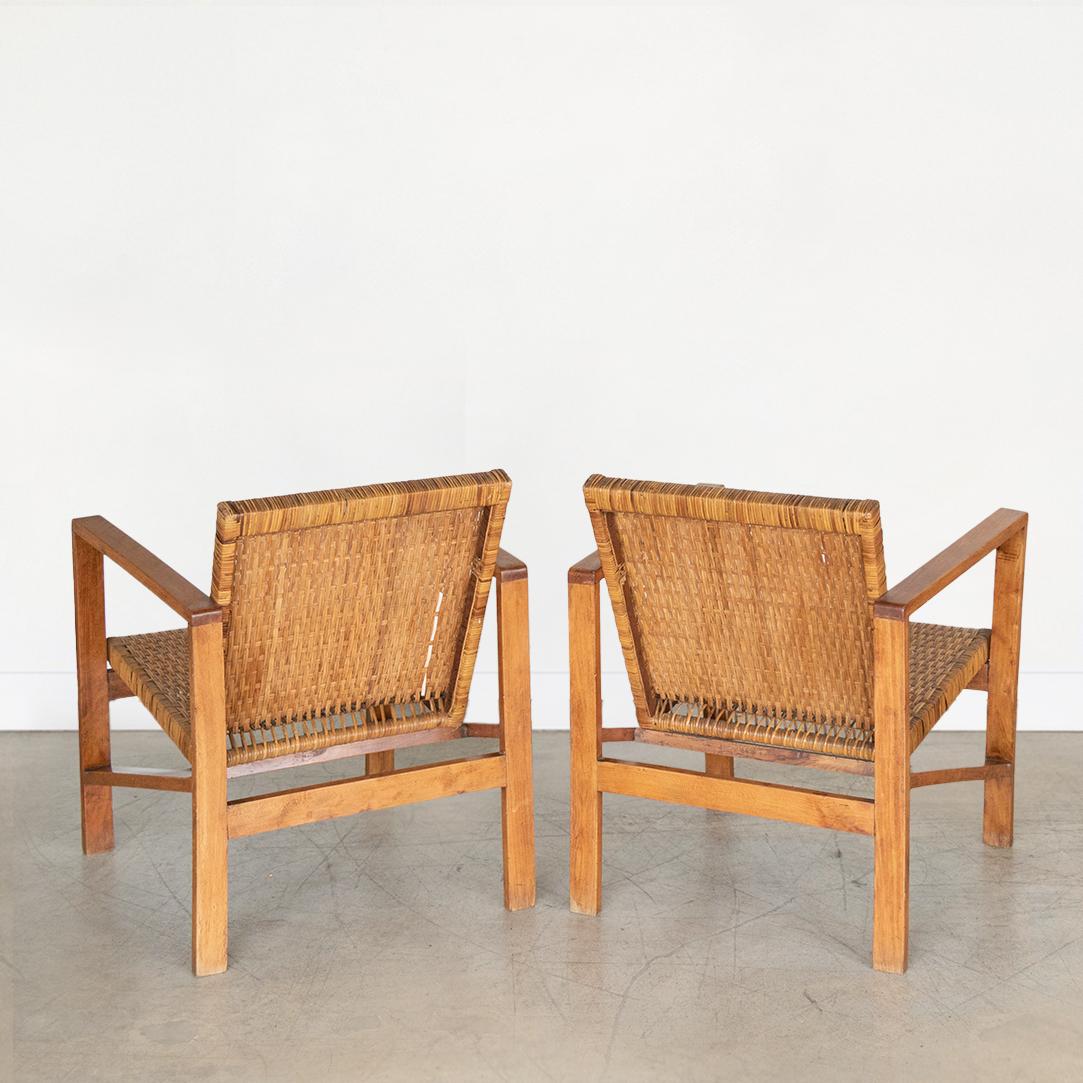 Rattan 1950's Italian Wood and Woven Armchairs For Sale