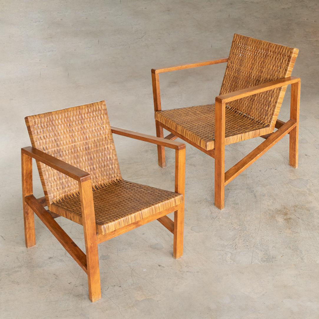 1950's Italian Wood and Woven Armchairs For Sale 1