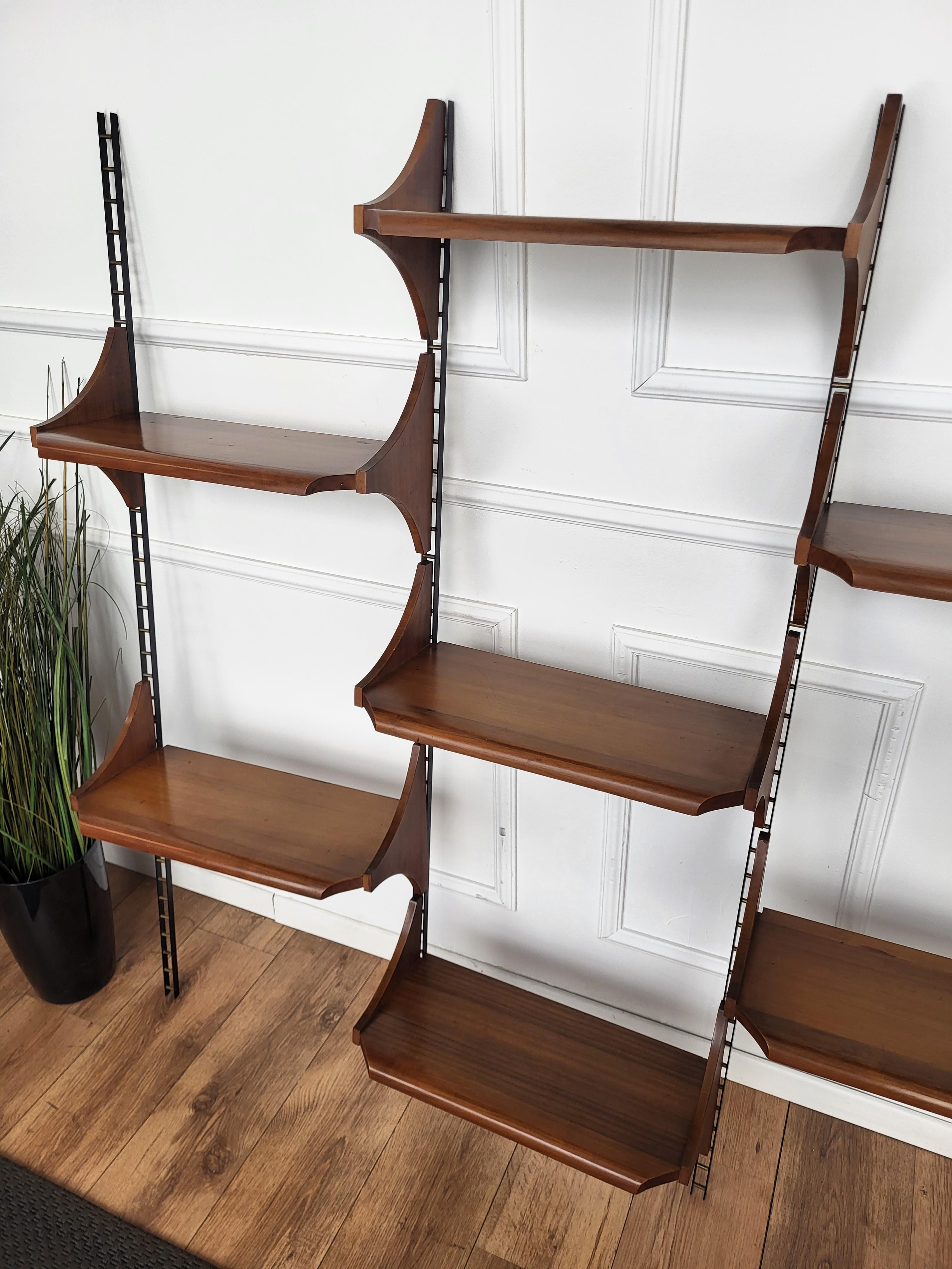 Mid-Century Modern 1950s Italian Wood Metal Modular Wall Shelving System Bookcase 10 Shelves For Sale
