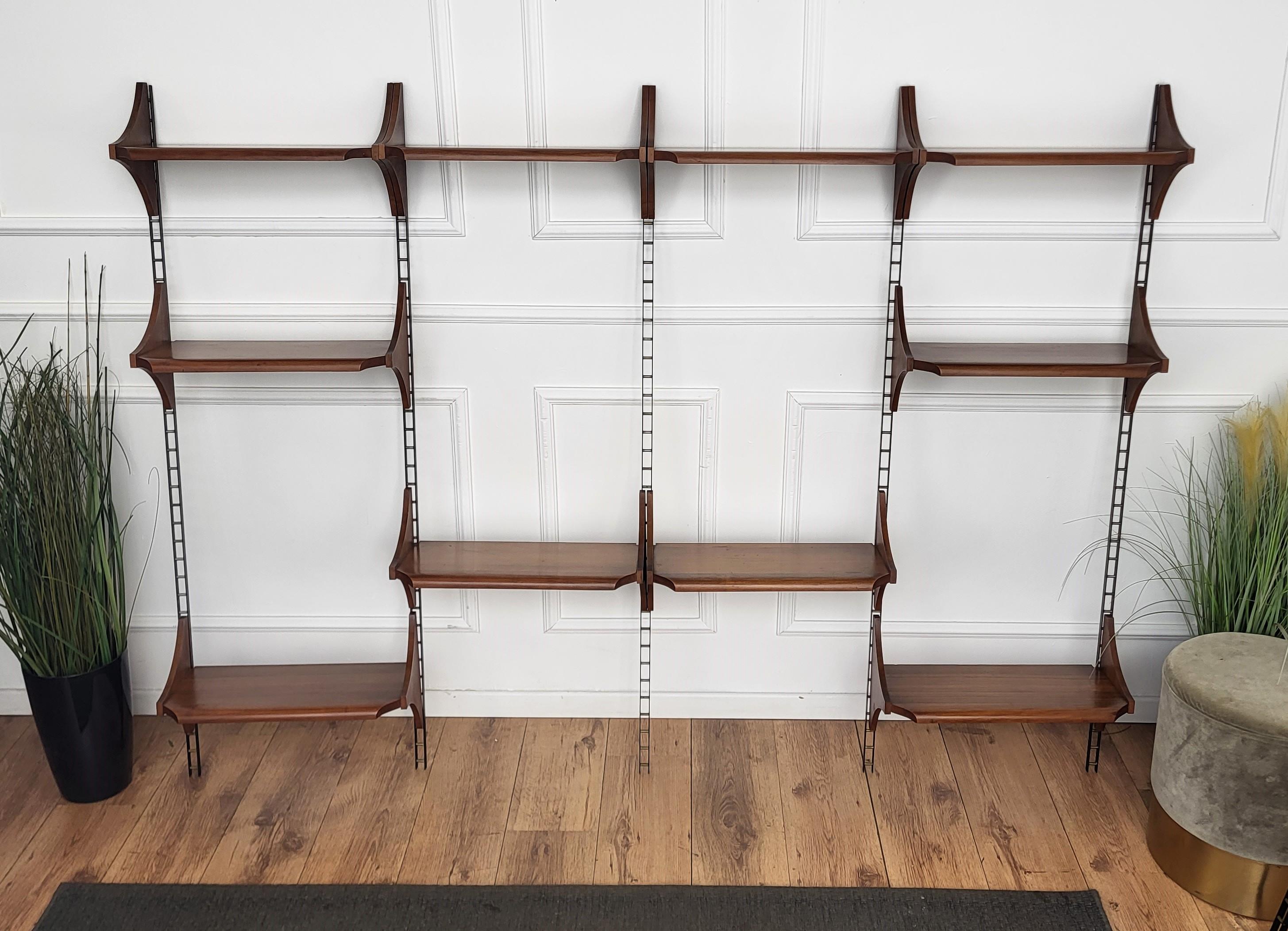1950s Italian Wood Metal Modular Wall Shelving System Bookcase 10 Shelves For Sale 1