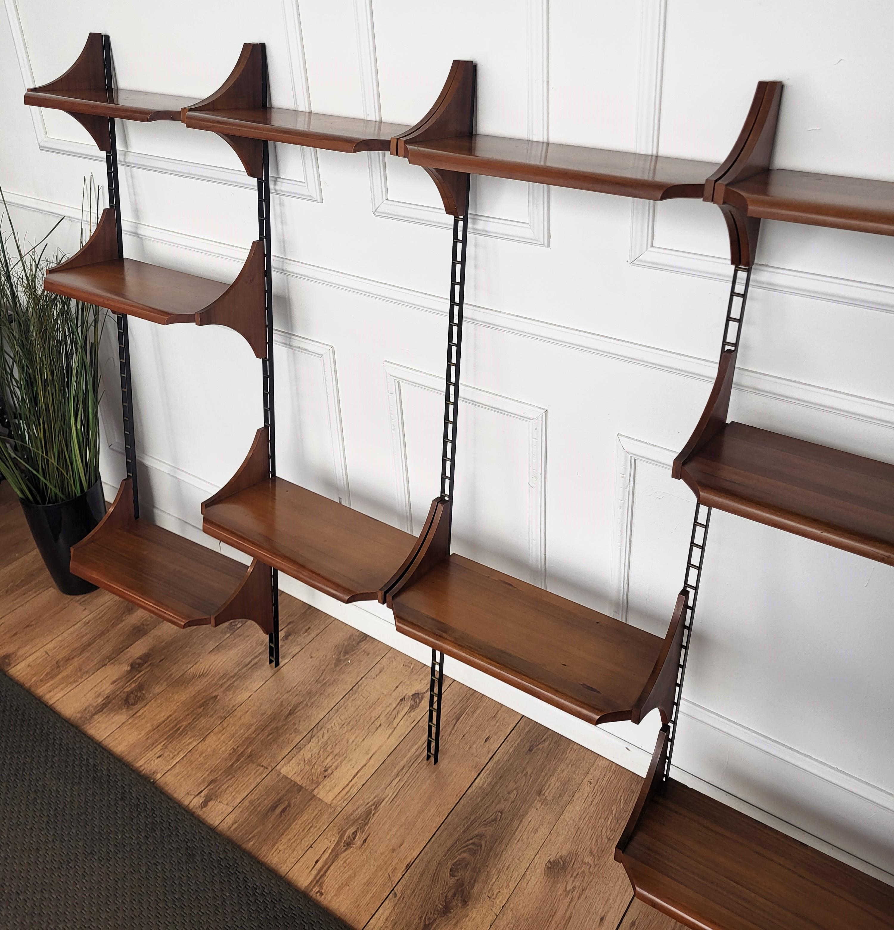 1950s Italian Wood Metal Modular Wall Shelving System Bookcase 10 Shelves For Sale 2