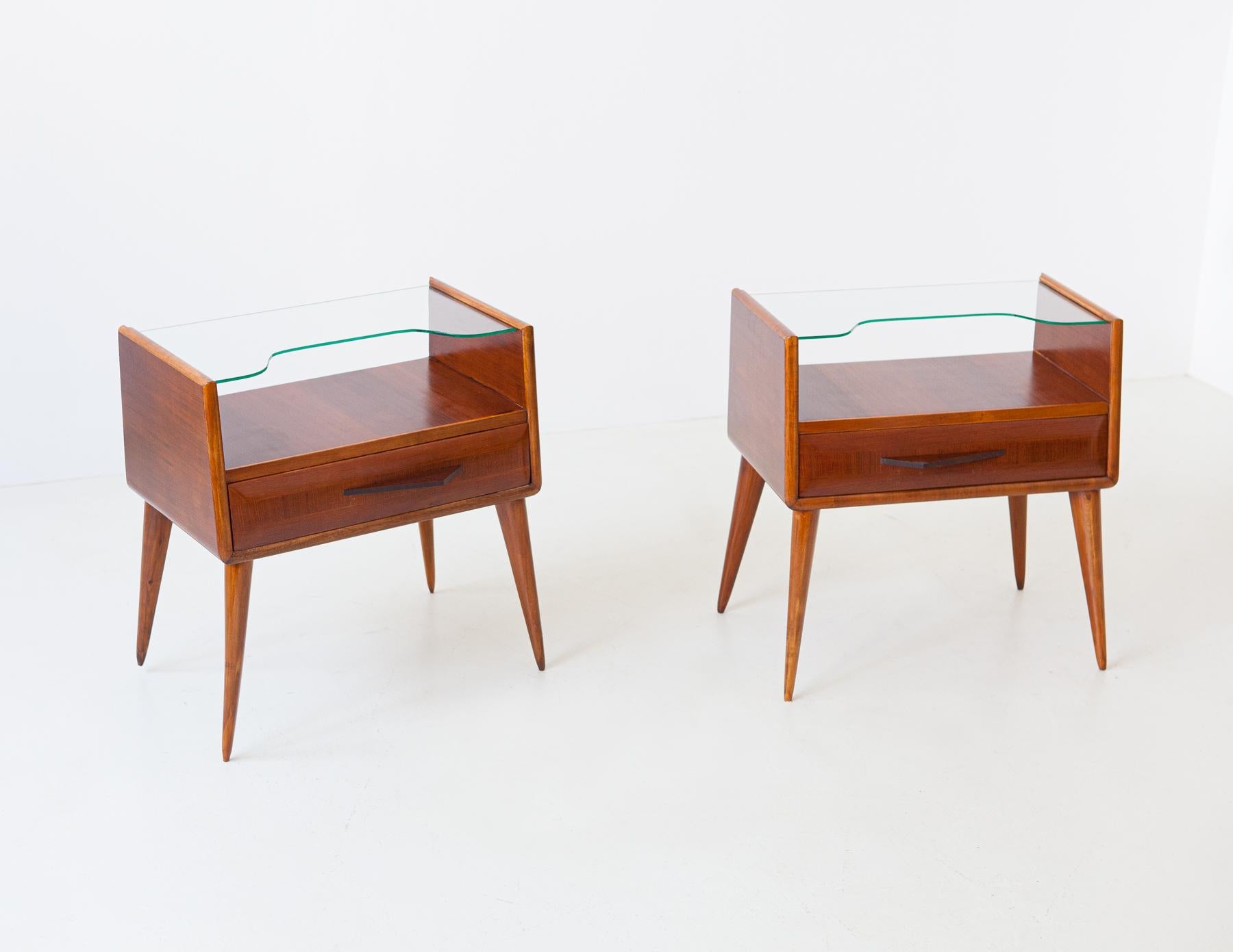 Mid-Century Modern 1950s Italian Wooden Bedside Tables with Glass Top