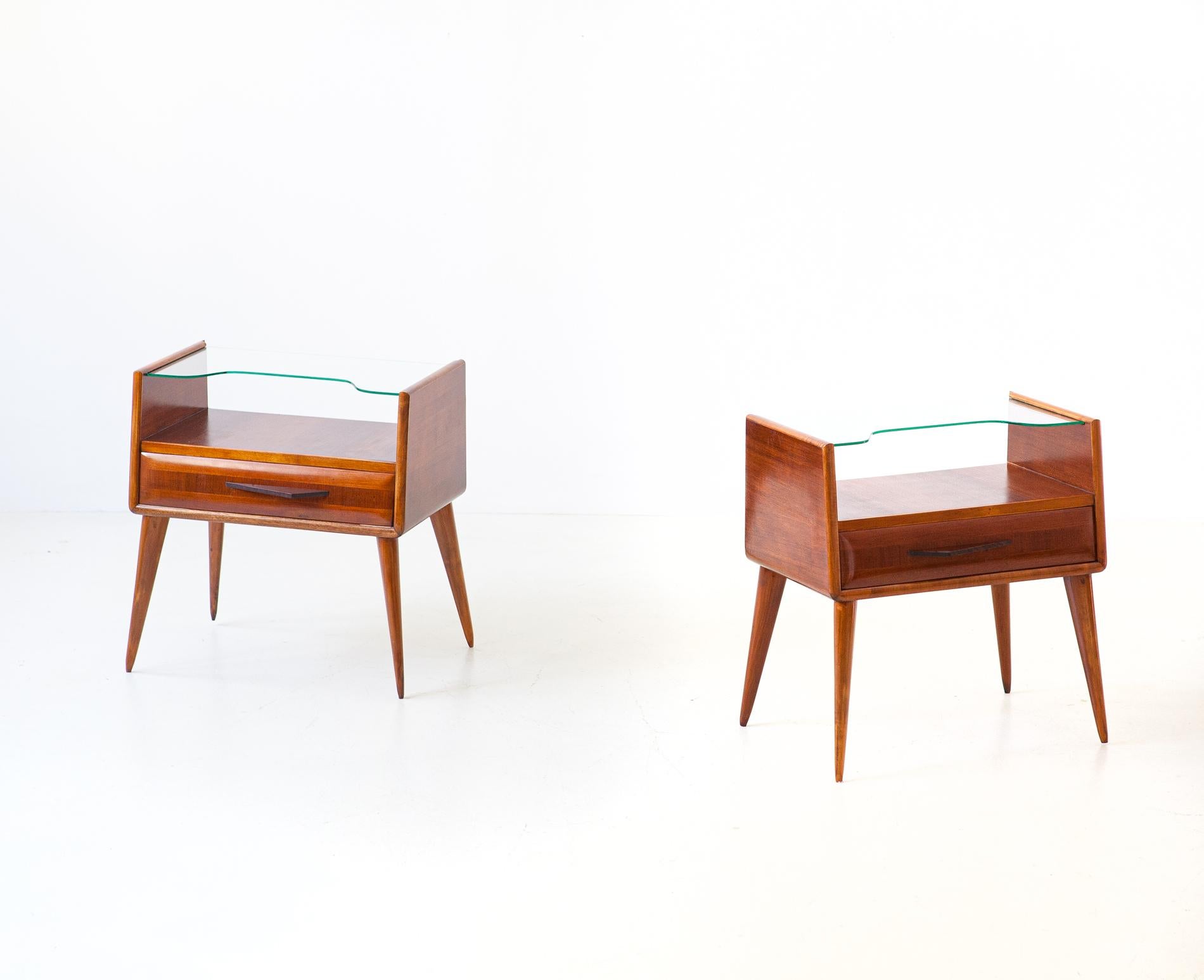 Mid-20th Century 1950s Italian Wooden Bedside Tables with Glass Top