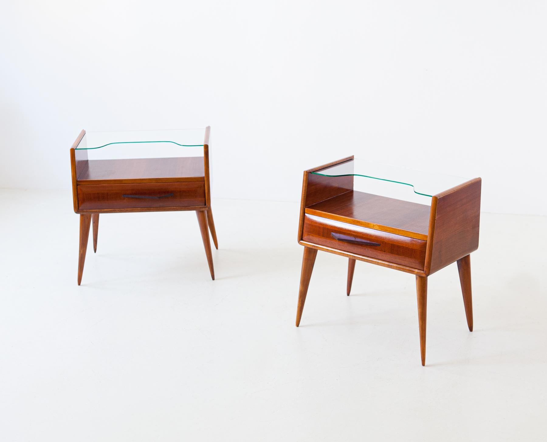 1950s Italian Wooden Bedside Tables with Glass Top 2