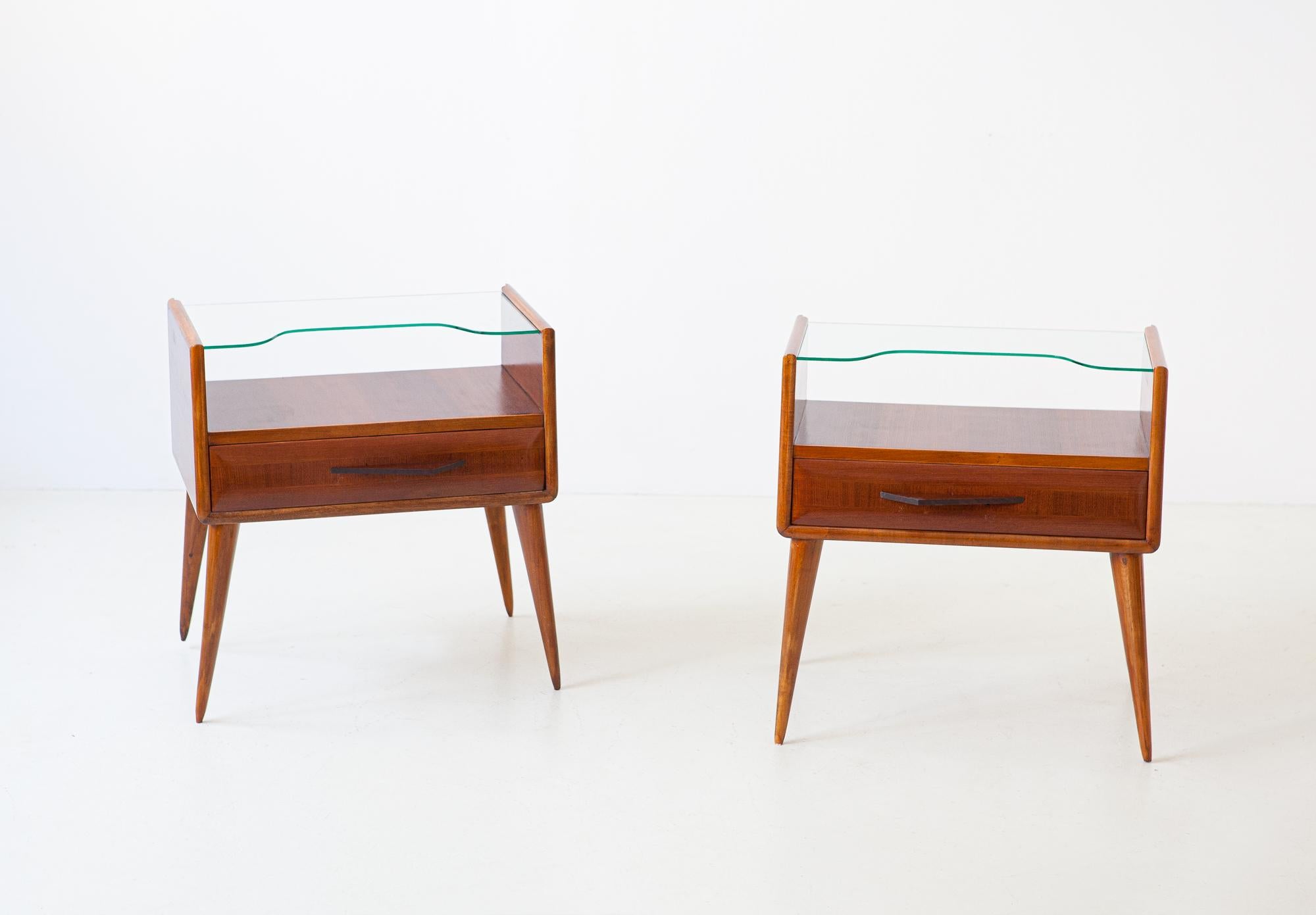 1950s Italian Wooden Bedside Tables with Glass Top 3