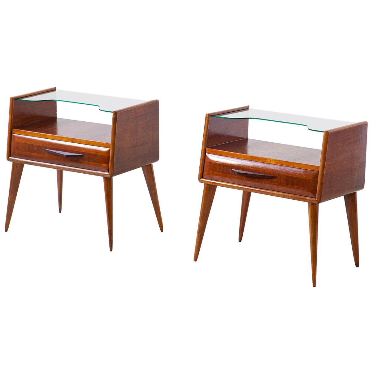 1950s Italian Wooden Bedside Tables with Glass Top