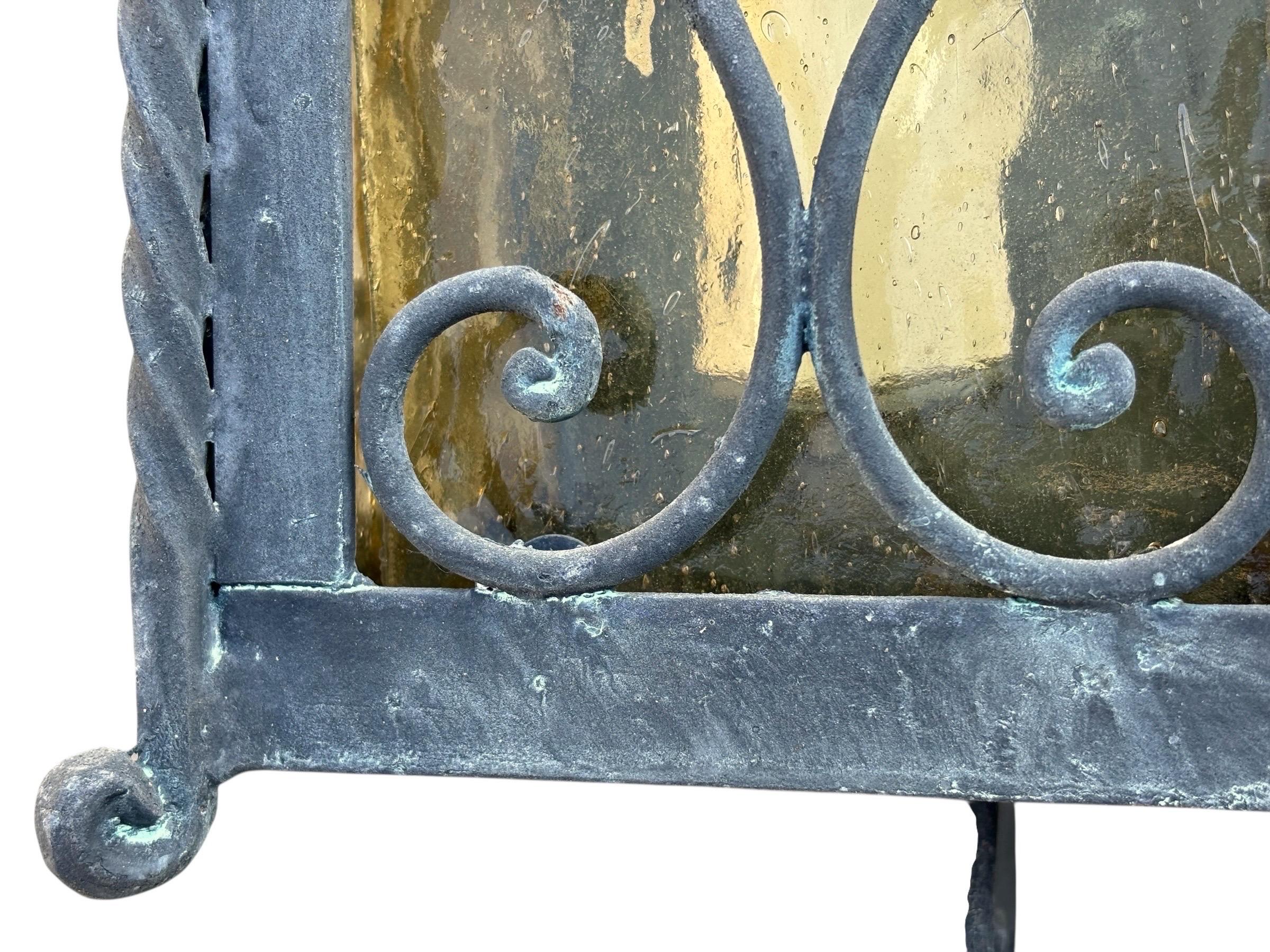 Renaissance 1950's Italian Wrought Iron Exterior Wall Lanterns, a Pair For Sale