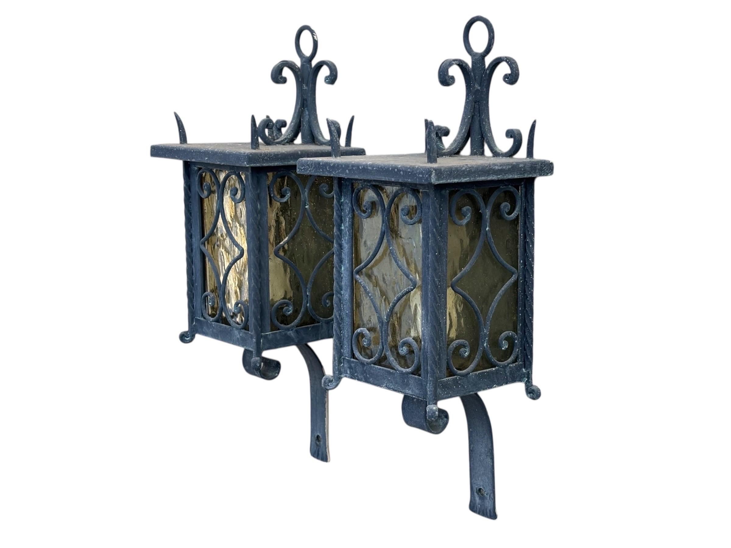 1950's Italian Wrought Iron Exterior Wall Lanterns, a Pair In Good Condition For Sale In Sarasota, FL